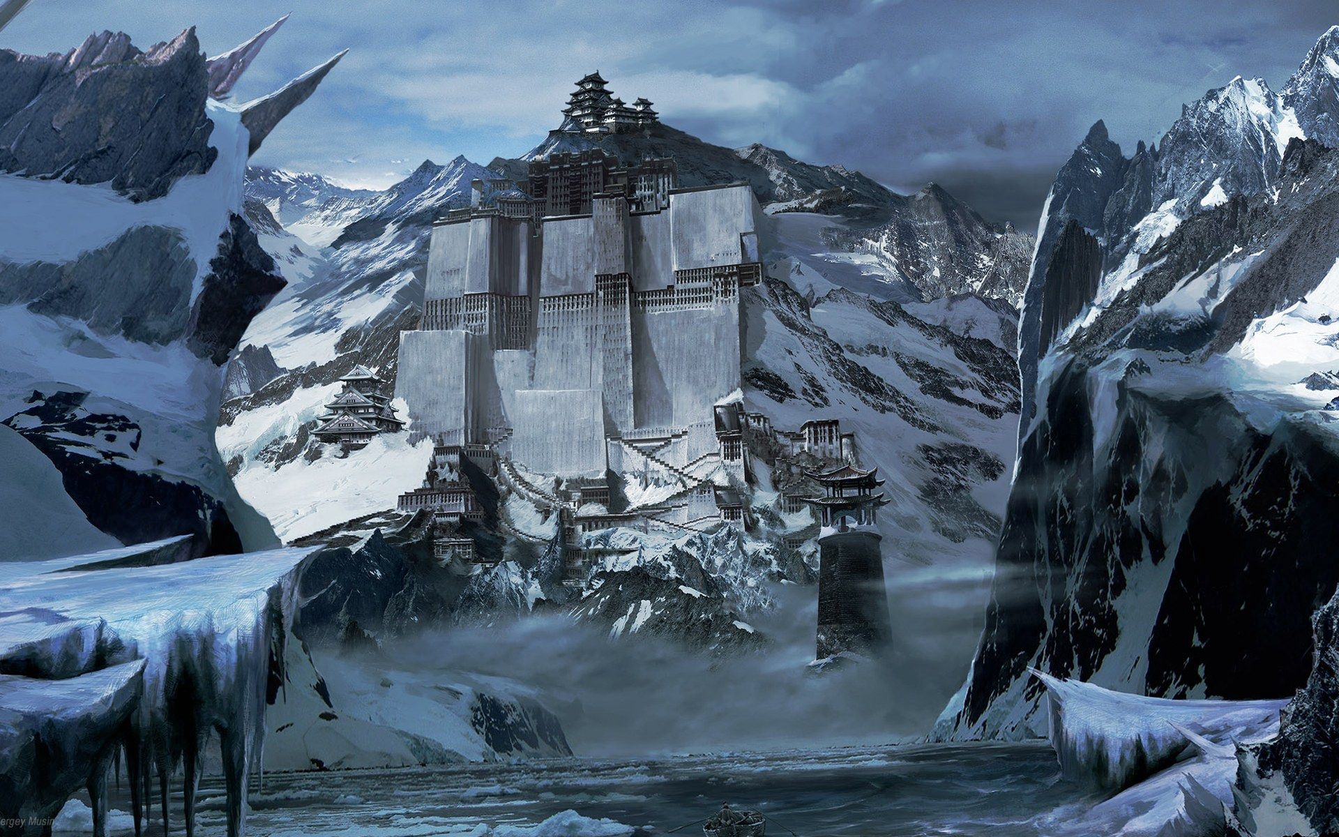 Free download wallpaper Rocks, Snow, Mountains, Wall, Fantasy on your PC desktop