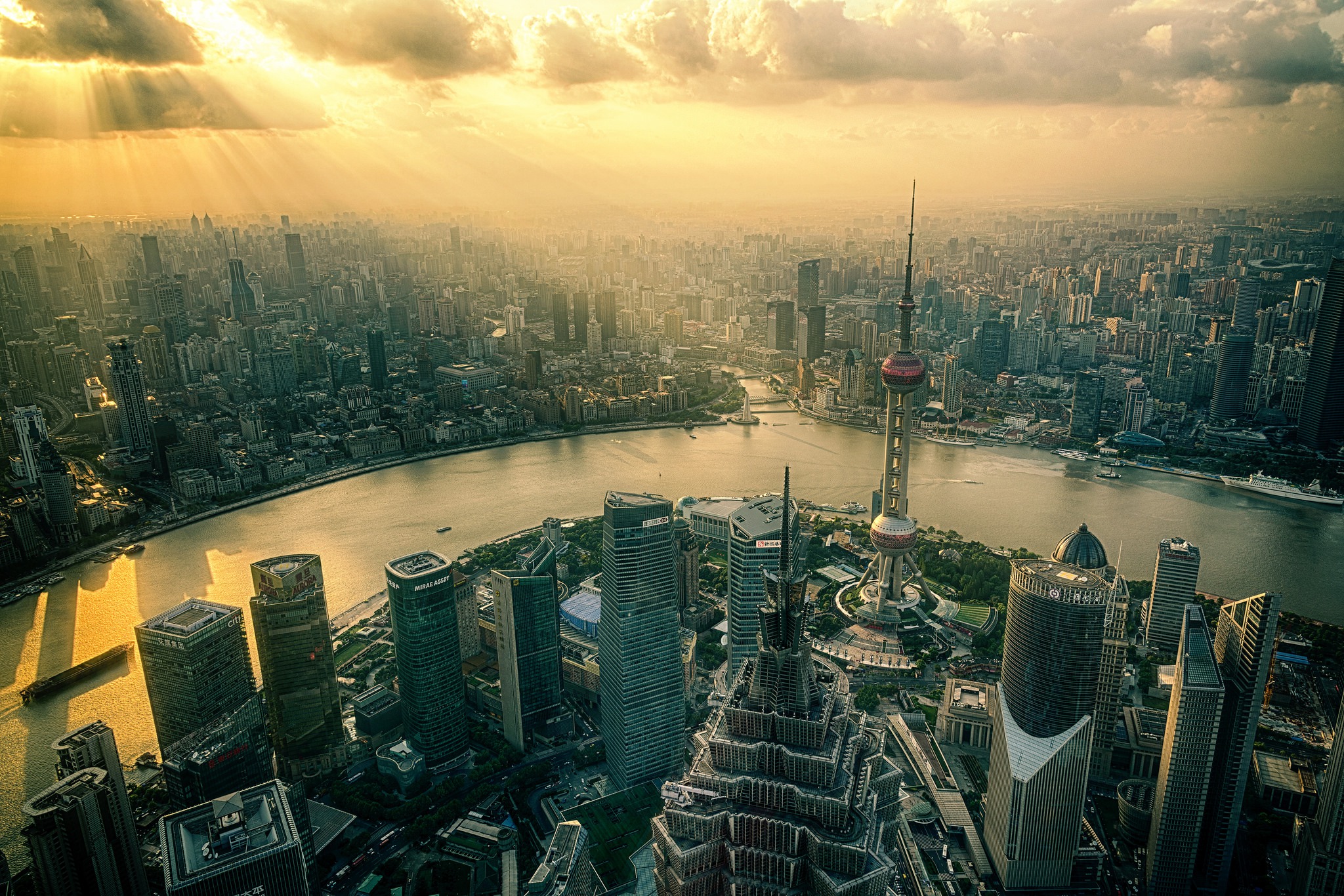 Free download wallpaper Cities, City, Skyscraper, Building, Cityscape, China, River, Shanghai, Sunbeam, Man Made on your PC desktop