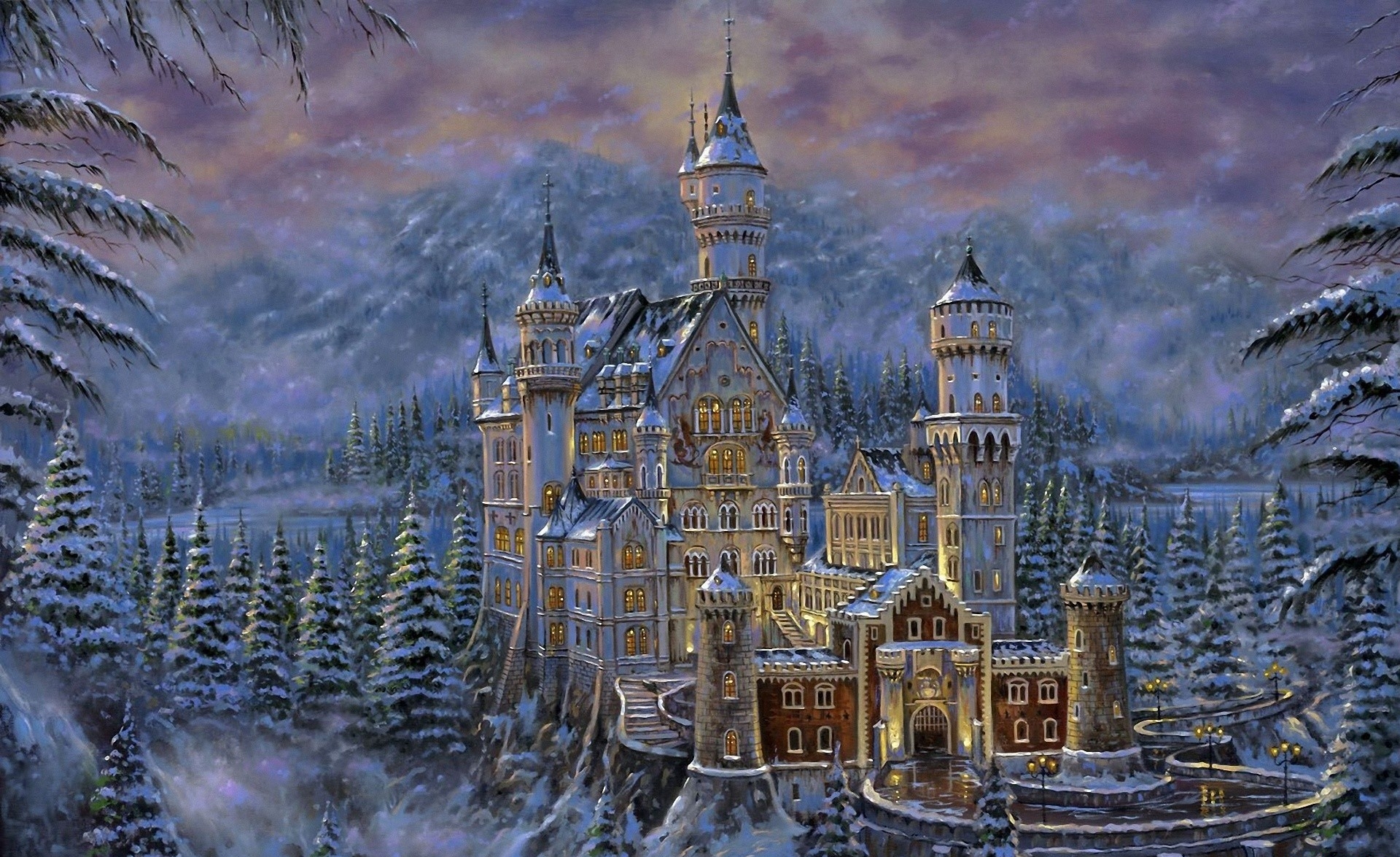 211449 скачать обои замки, замок, зима, картина, замок нойшванштайн, снег, фэнтези, дерево - заставки и картинки бесплатно