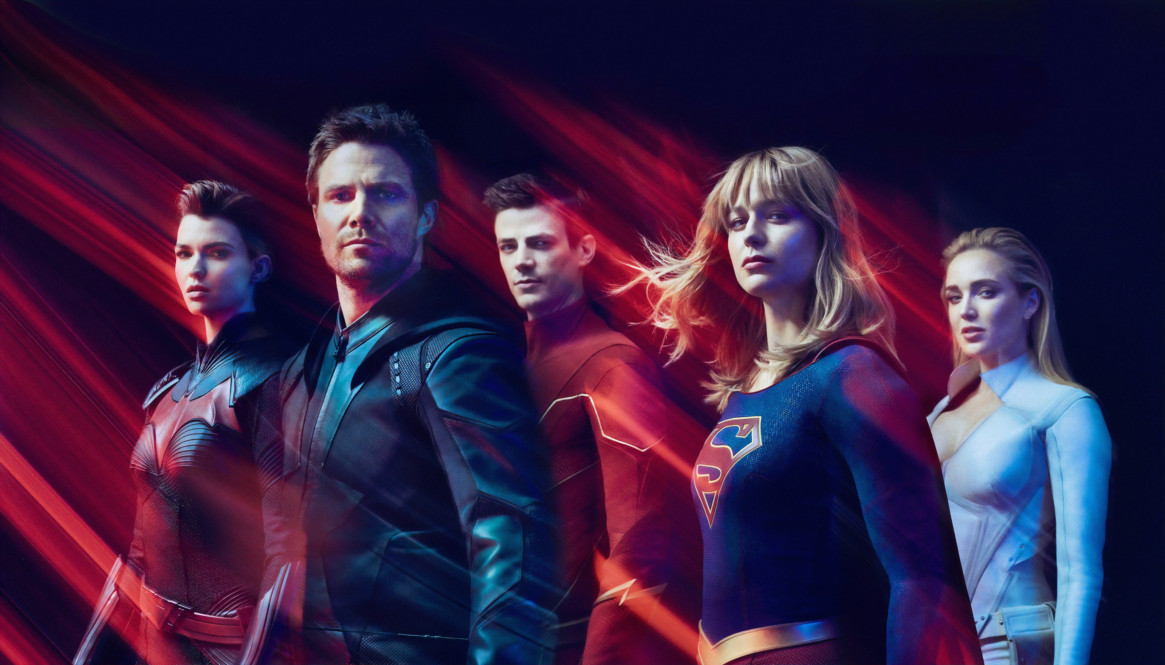 tv show, crossover, actor, actress, arrow (dc comics), batwoman, caity lotz, flash, grant gustin, melissa benoist, ruby rose, stephen amell, supergirl, white canary (dc comics)