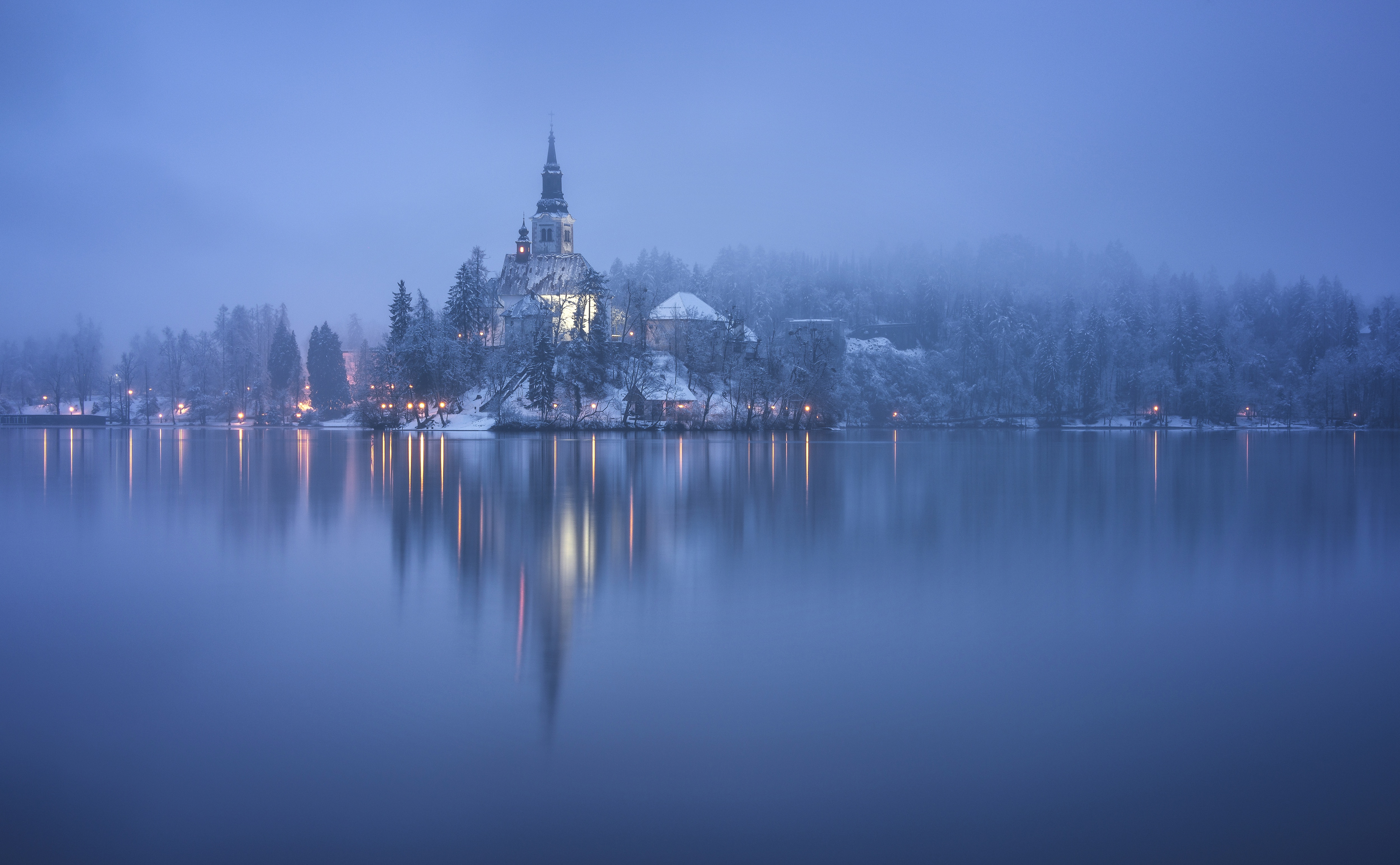 religious, assumption of mary church, lake bled, slovenia, winter, churches