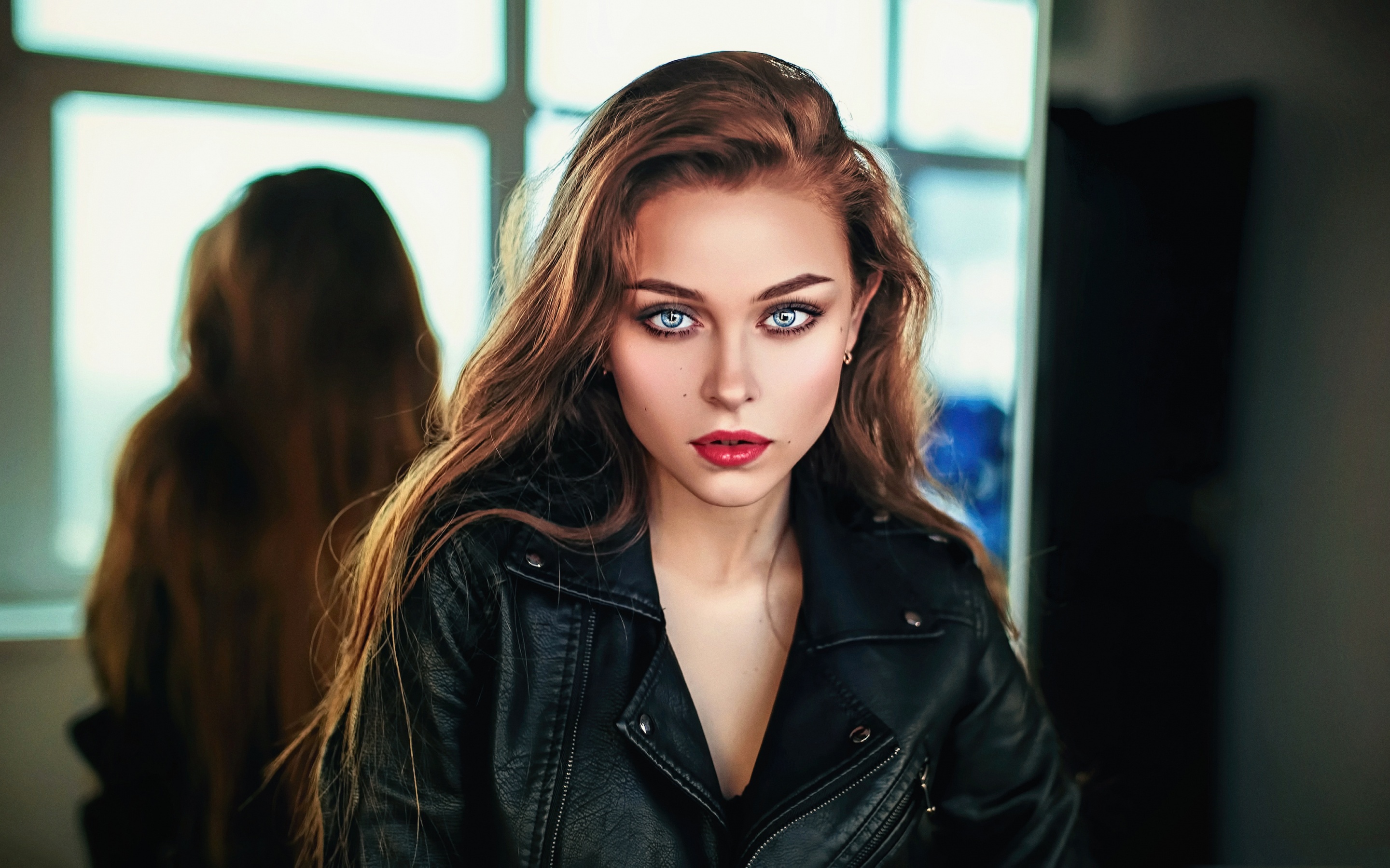 Download mobile wallpaper Redhead, Model, Women, Blue Eyes, Lipstick, Leather Jacket for free.