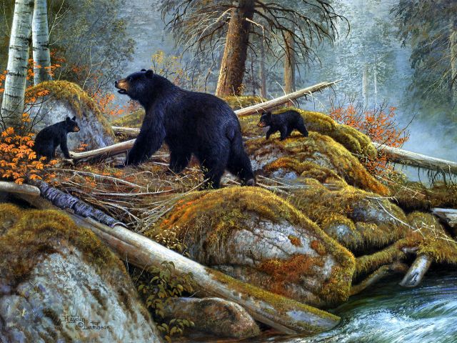 1390753 скачать обои художественные, американский черный медведь, медведь гризли, детеныш, черный медведь, медведь - заставки и картинки бесплатно