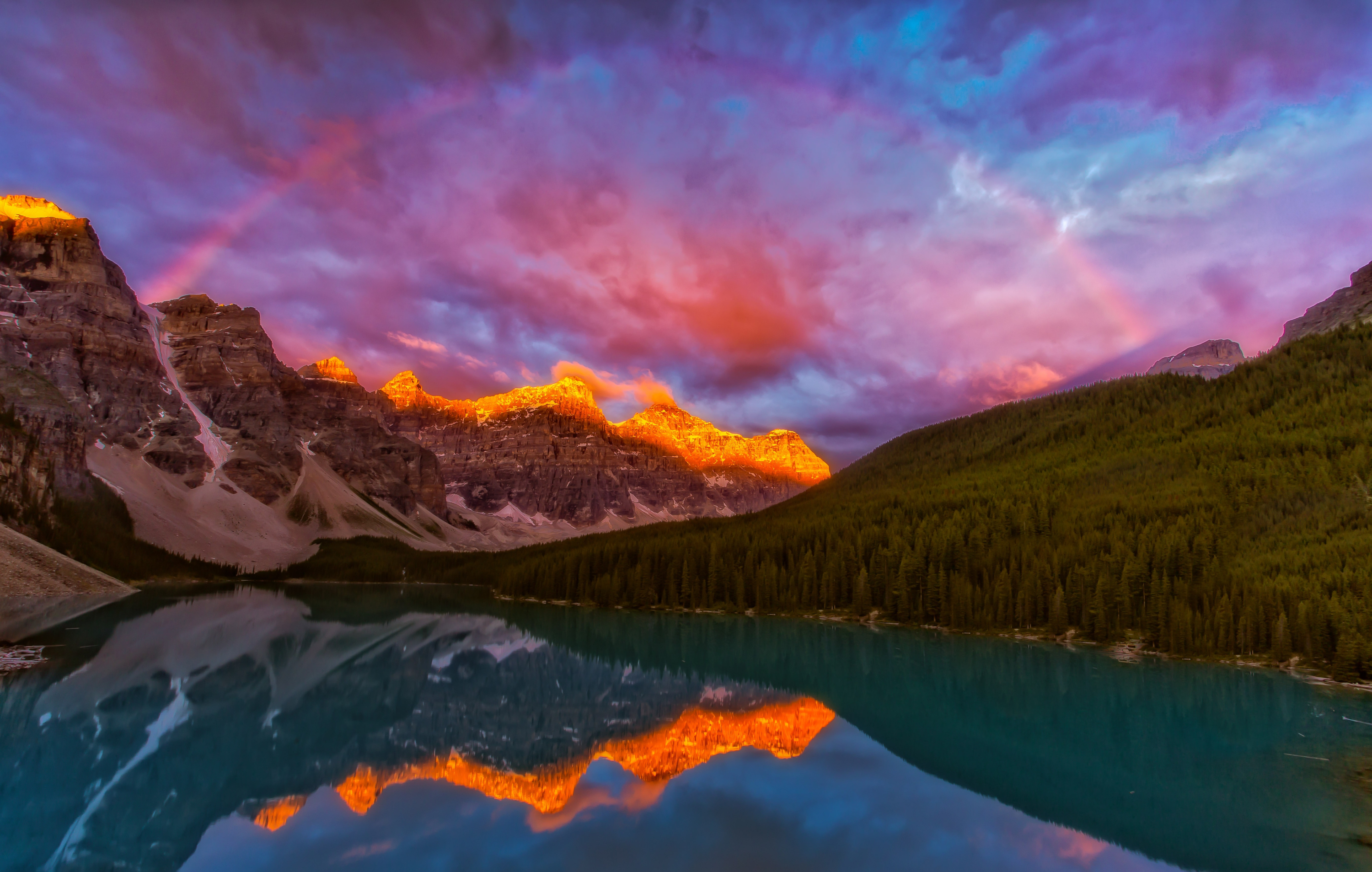 Laden Sie das Landschaft, Regenbogen, See, Kanada, Wald, Gebirge, Nationalpark, Alberta, Banff Nationalpark, Sonnenuntergang, Erde/natur-Bild kostenlos auf Ihren PC-Desktop herunter