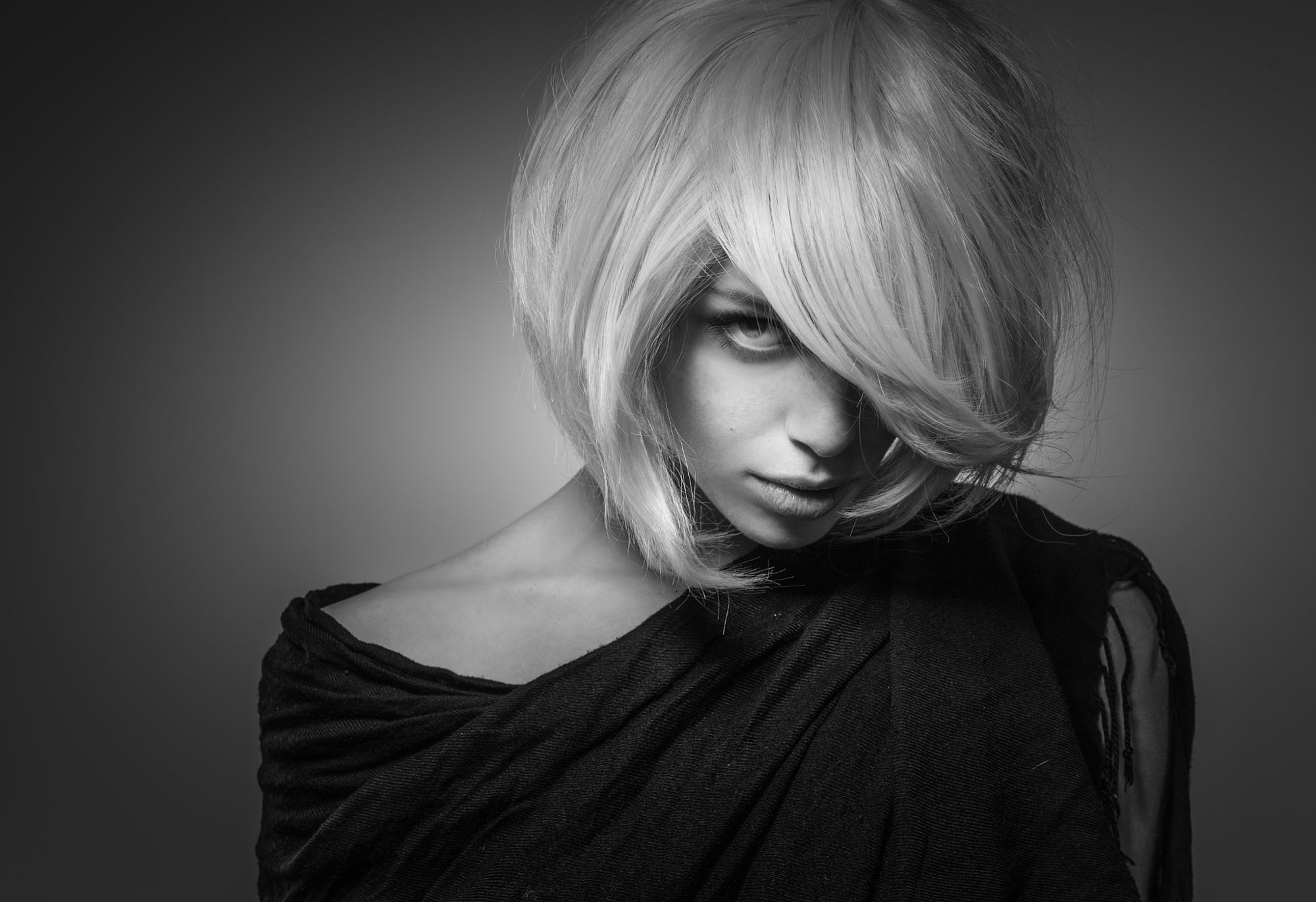 Download mobile wallpaper Blonde, Model, Women, Black & White, Stare for free.