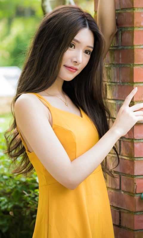 Download mobile wallpaper Brunette, Model, Women, Yellow Dress, Asian, Long Hair for free.