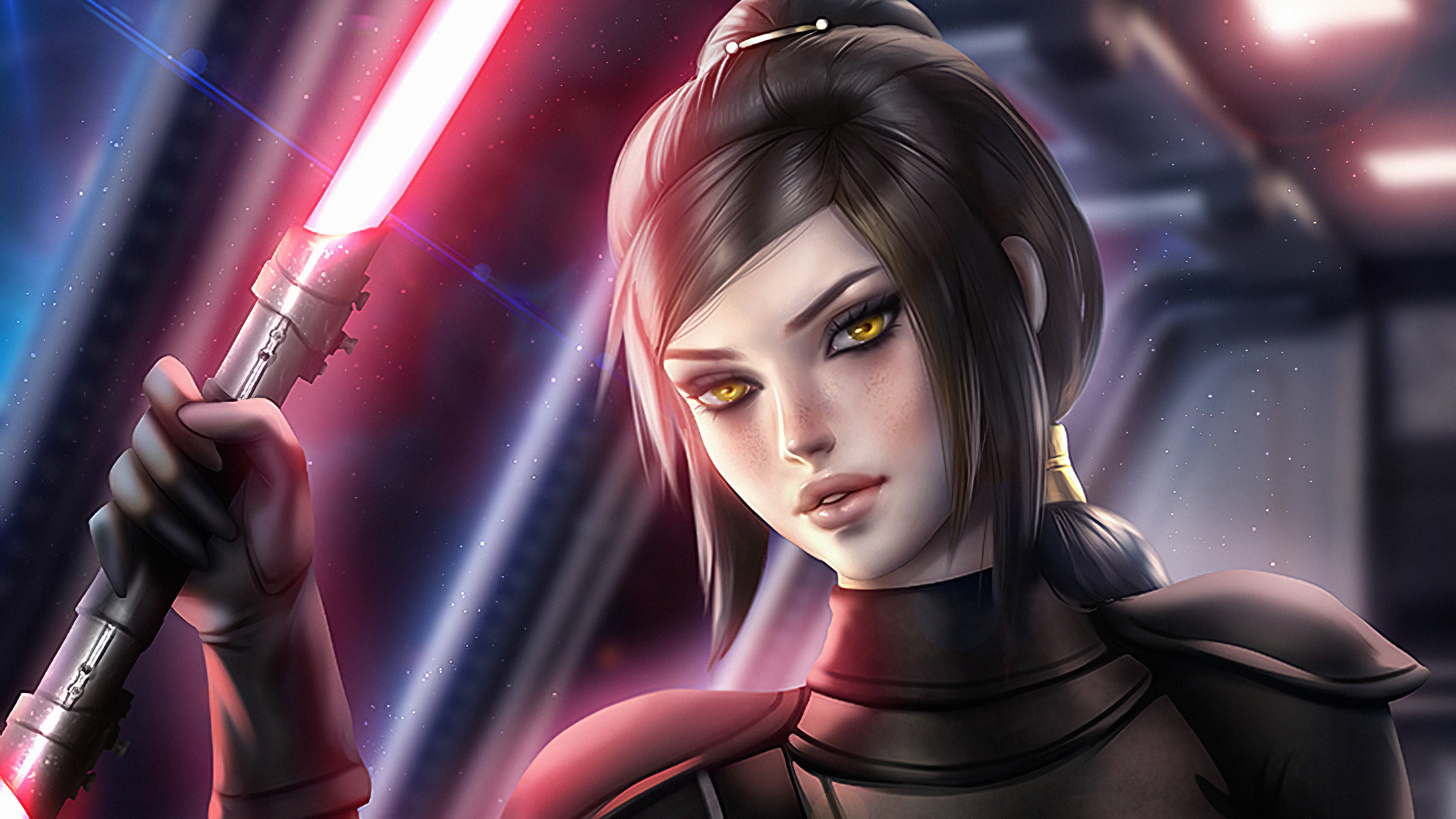 Free download wallpaper Star Wars, Sci Fi, Face, Yellow Eyes, Lightsaber, Black Hair, Woman Warrior on your PC desktop