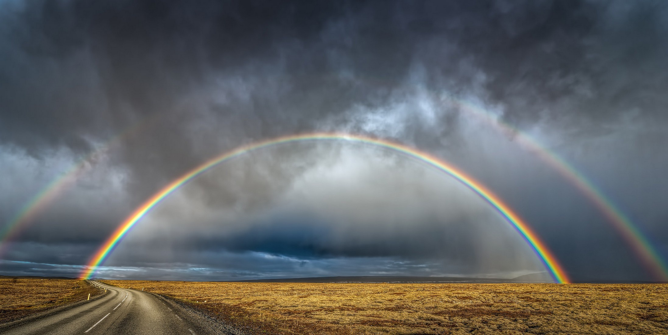 Free download wallpaper Landscape, Rainbow, Horizon, Road, Earth, Cloud on your PC desktop