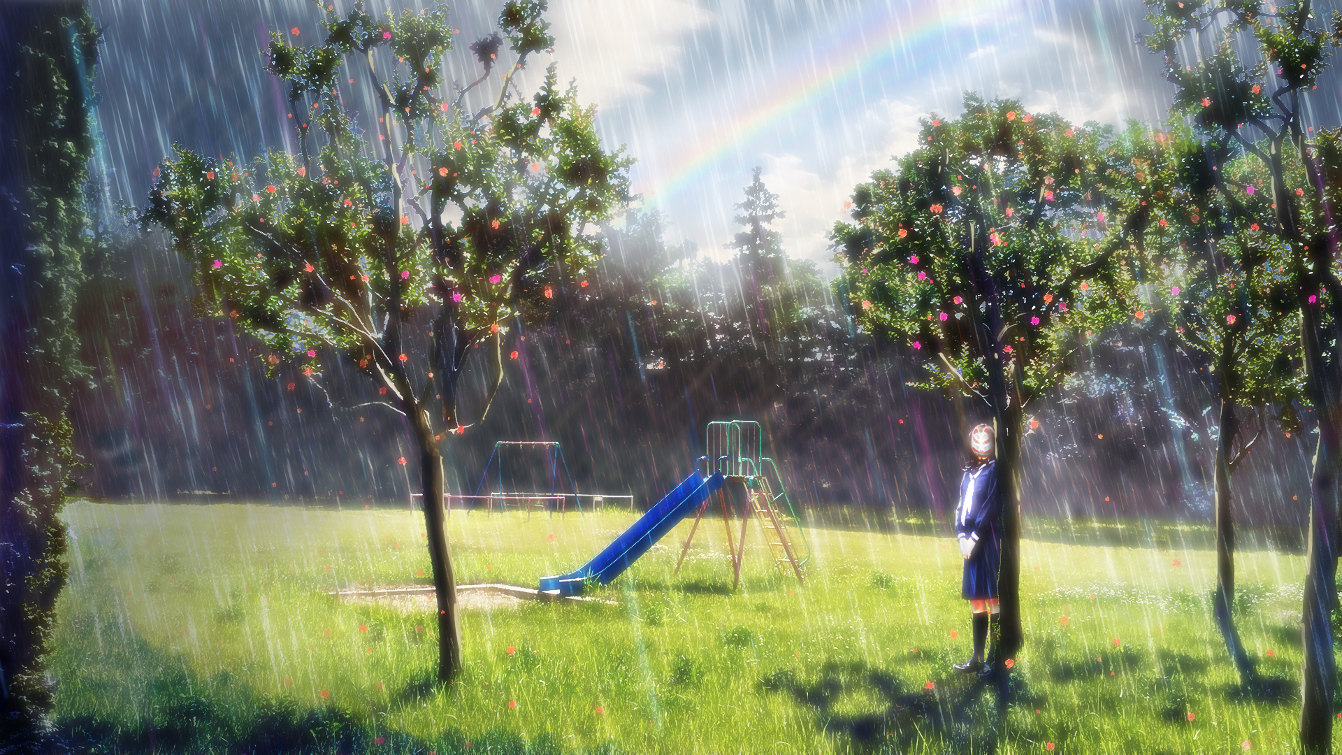 Download mobile wallpaper Anime, Rain, Rainbow, Park, Tree, Original for free.