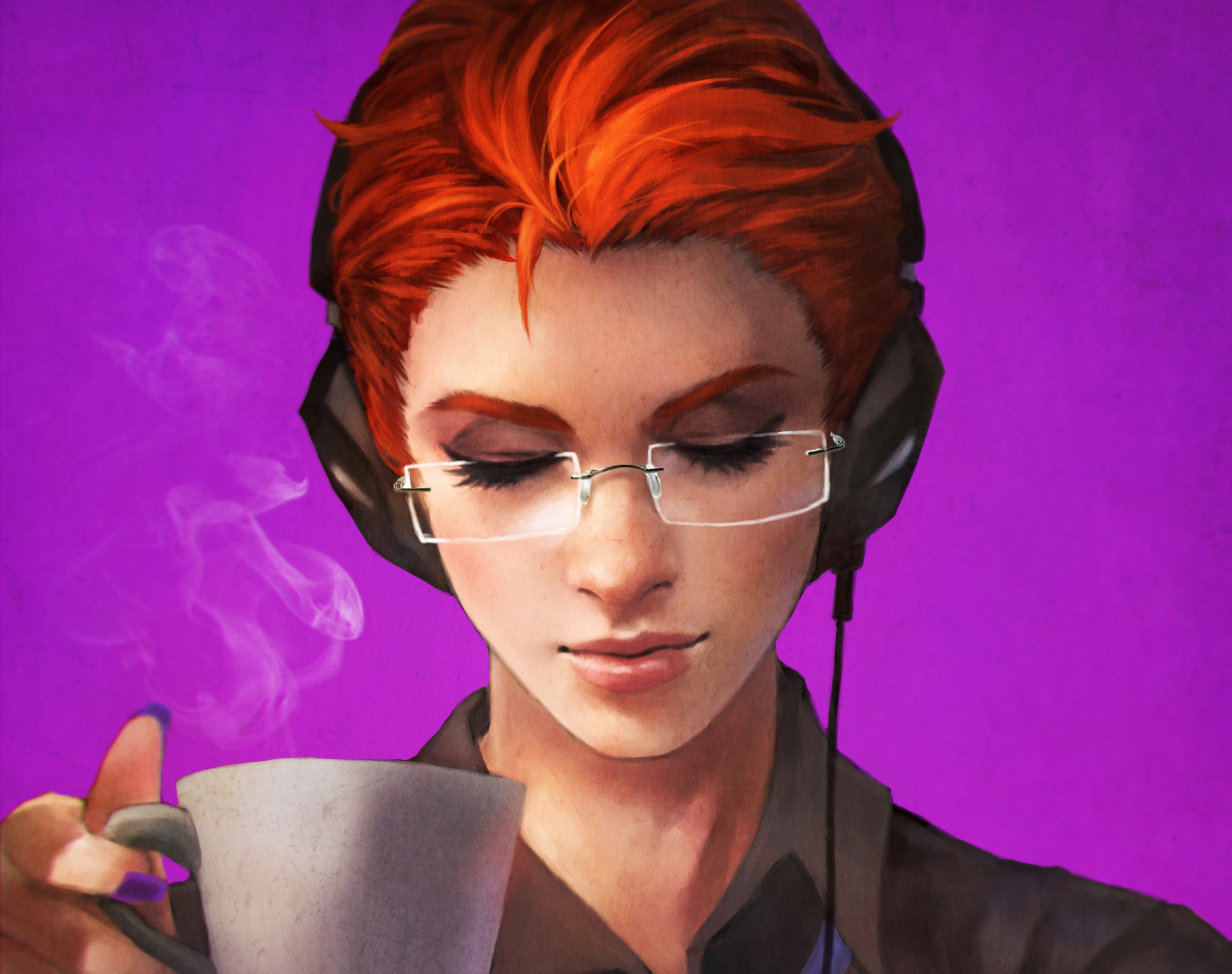 video game, overwatch, cup, face, glasses, moira (overwatch), red hair