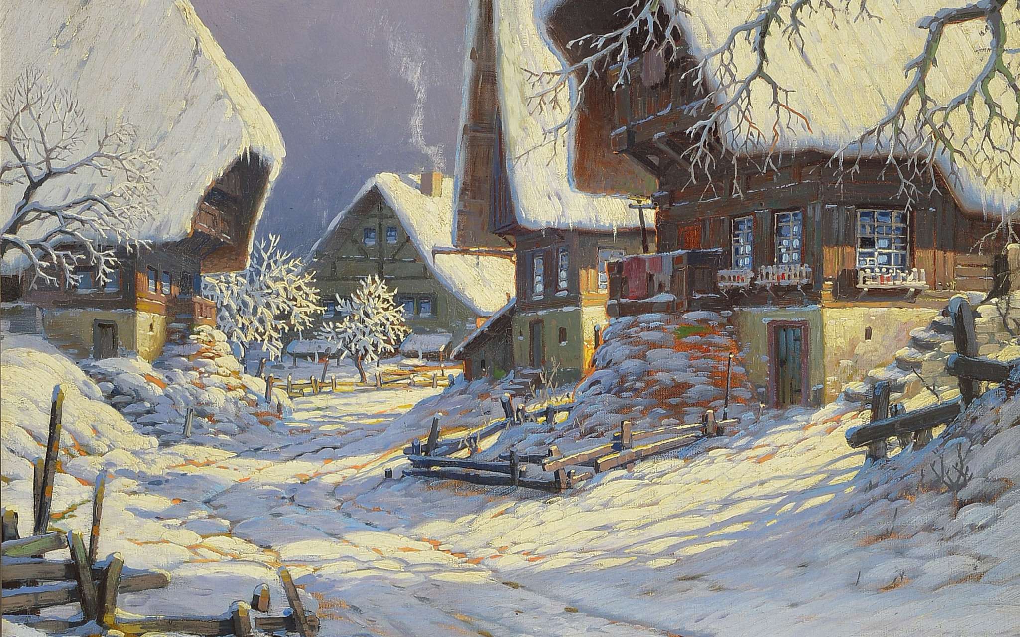 Download mobile wallpaper Winter, Snow, Village, Painting, Artistic for free.