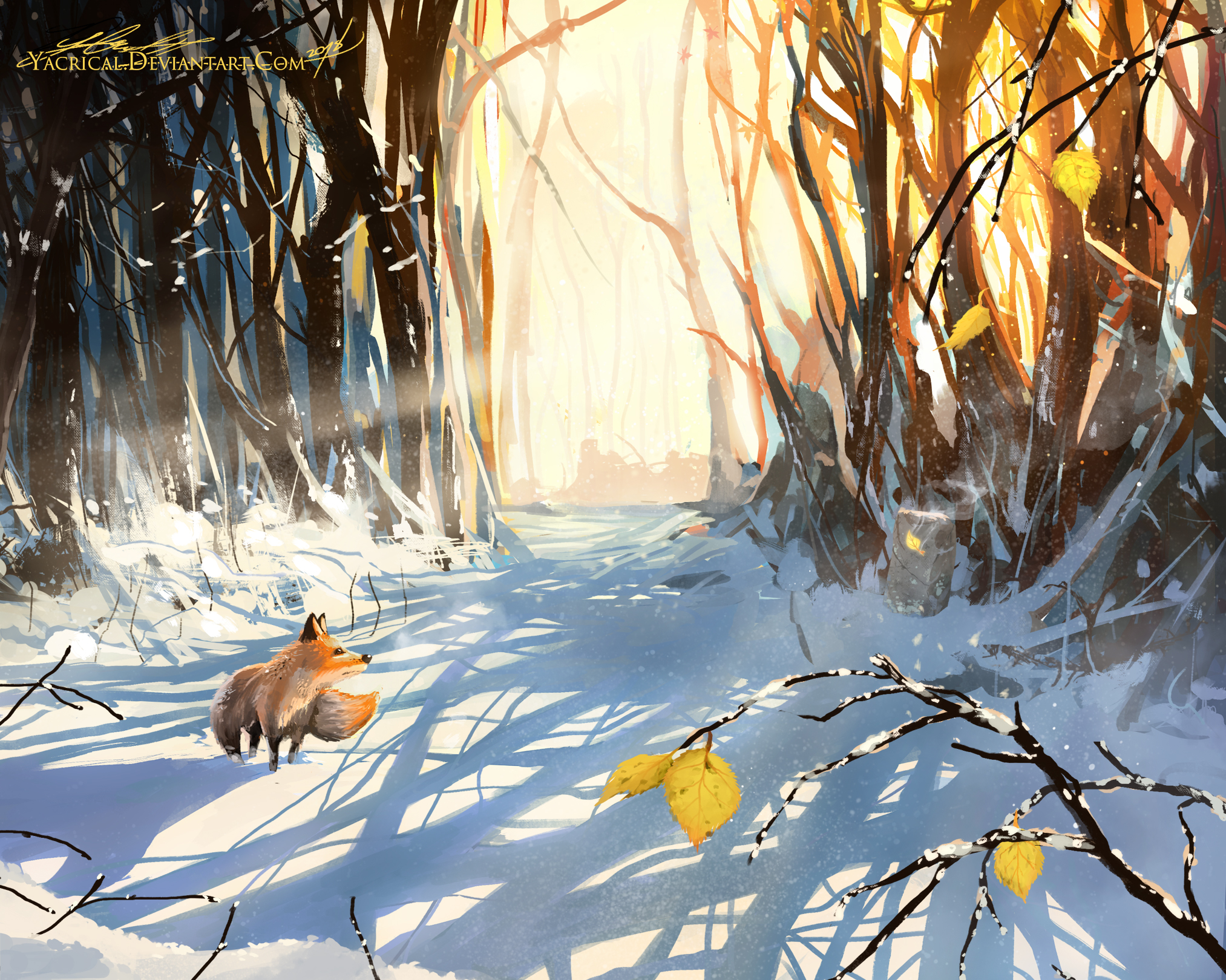 fantasy, forest, fox, snow, sunlight, winter