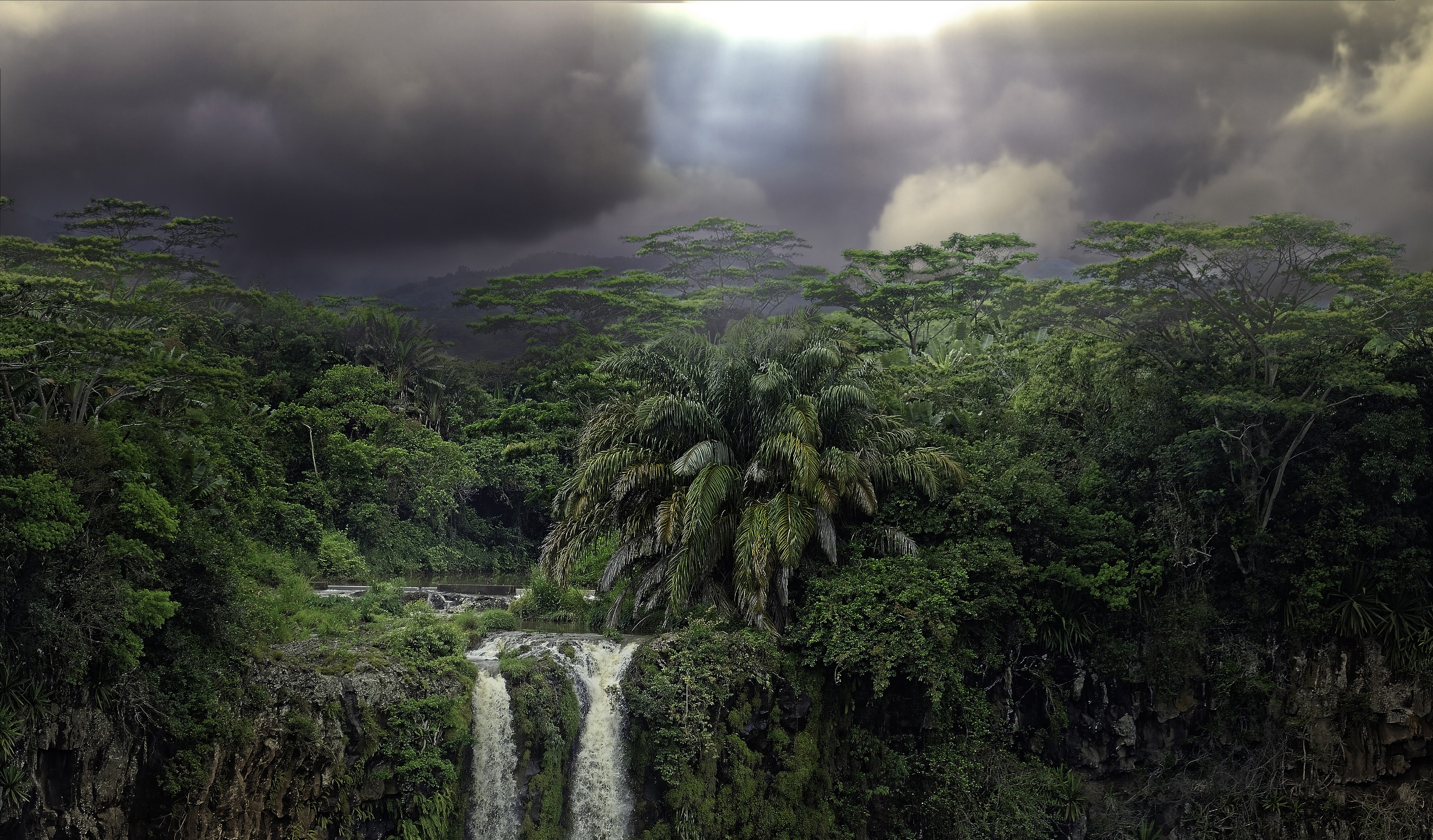 Download mobile wallpaper Waterfalls, Waterfall, Forest, Tree, Earth, Tropical, Cloud, Jungle, Sunbeam, Sunshine, Rainforest for free.