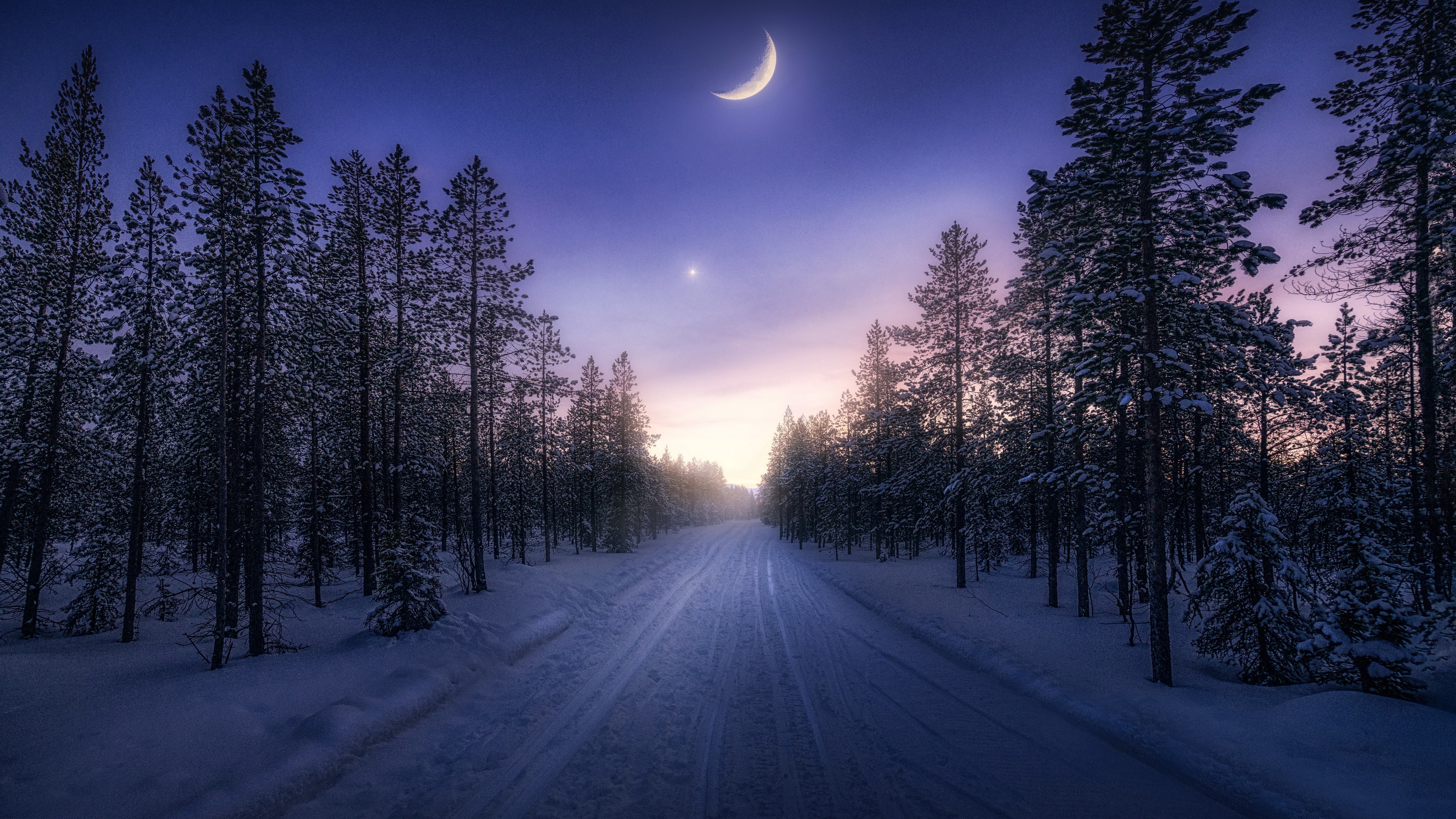 Скачать картинку Зима, Луна, Снег, Дорога, Фотографии в телефон бесплатно.