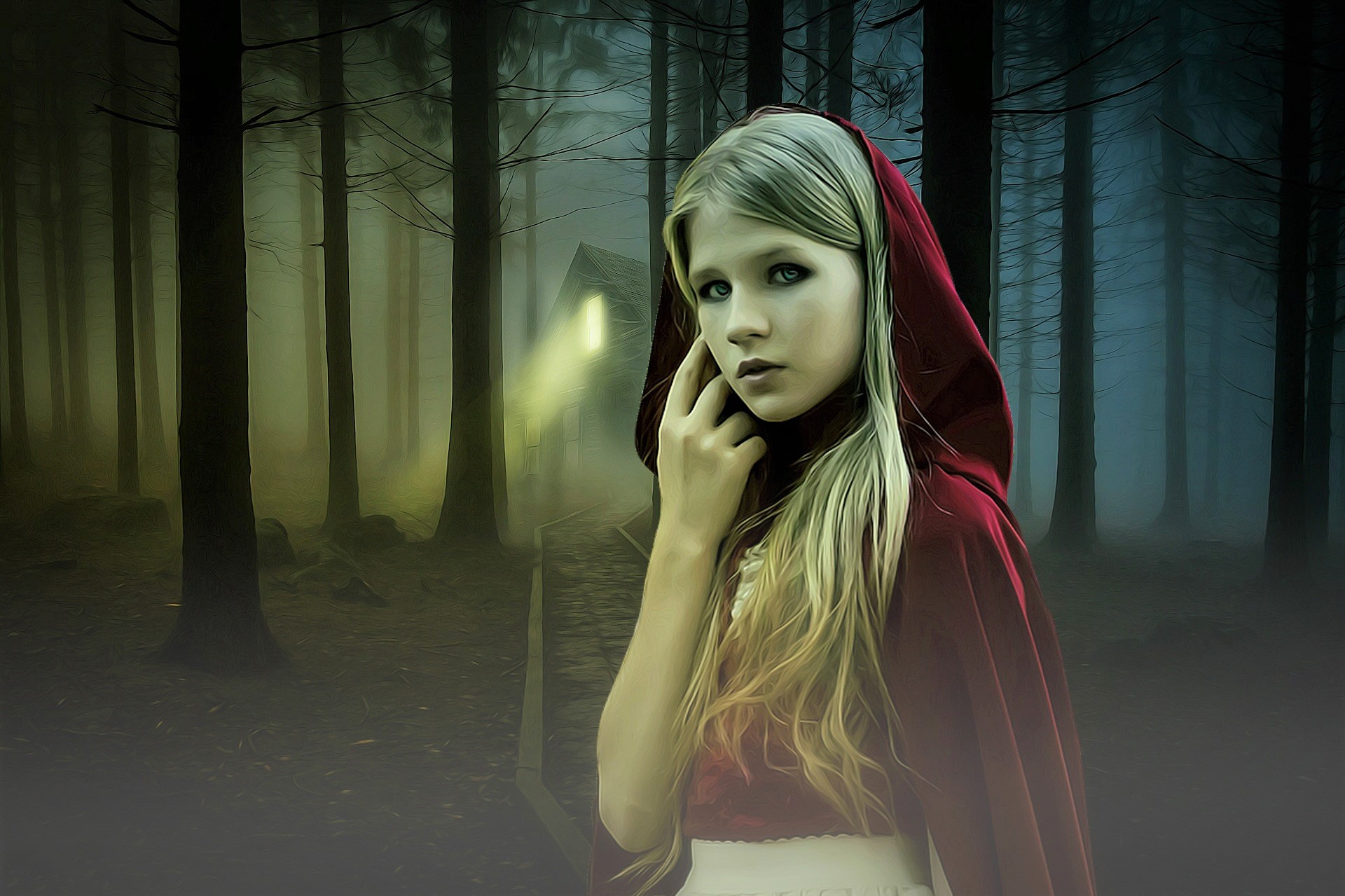 Download mobile wallpaper Fantasy, Forest, Blonde, Red Riding Hood for free.