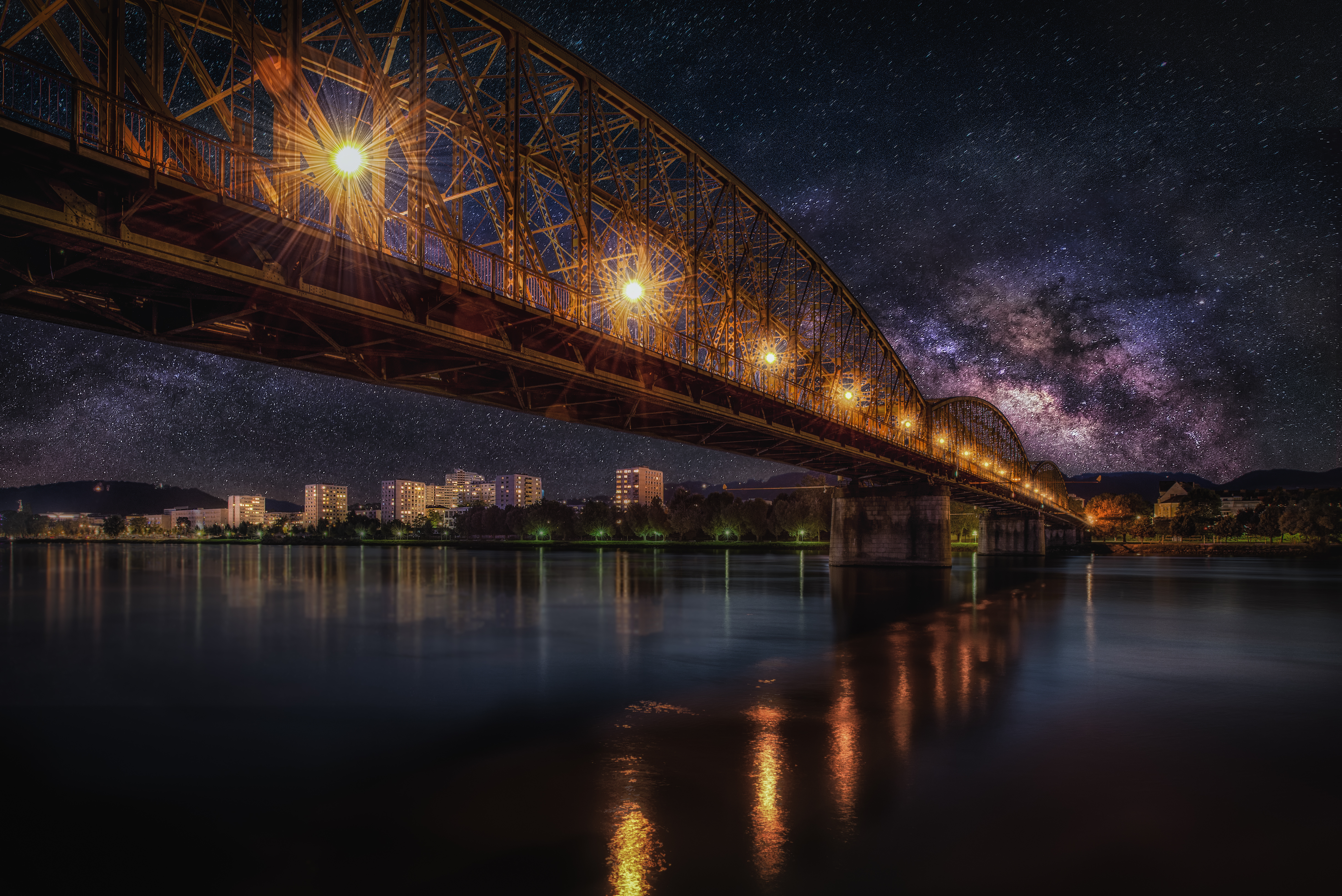 Download mobile wallpaper Bridge, Cities, Night, Starry Sky, Railway, Hdr for free.