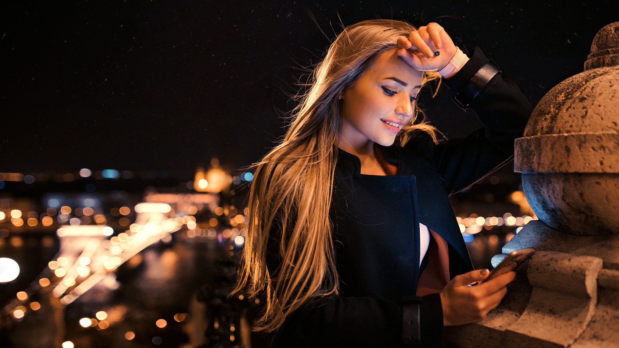 Download mobile wallpaper Night, Smile, Blonde, Model, Women, Long Hair, Depth Of Field for free.