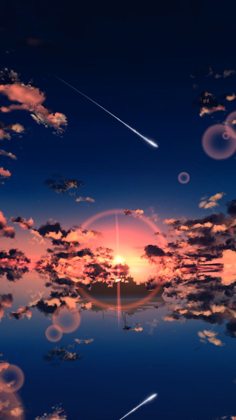 Baixar papel de parede para celular de Anime, Pôr Do Sol, Reflexão, Nuvem, Estrela Cadente, Reflecção gratuito.