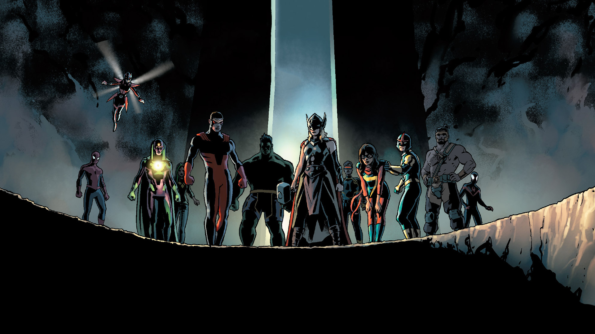 vision (marvel comics), comics, avengers, cyclops (marvel comics), hercules (marvel comics), hulk, jane foster, miles morales, nova (marvel comics), sam alexander, spider man, thor, wasp (marvel comics), the avengers