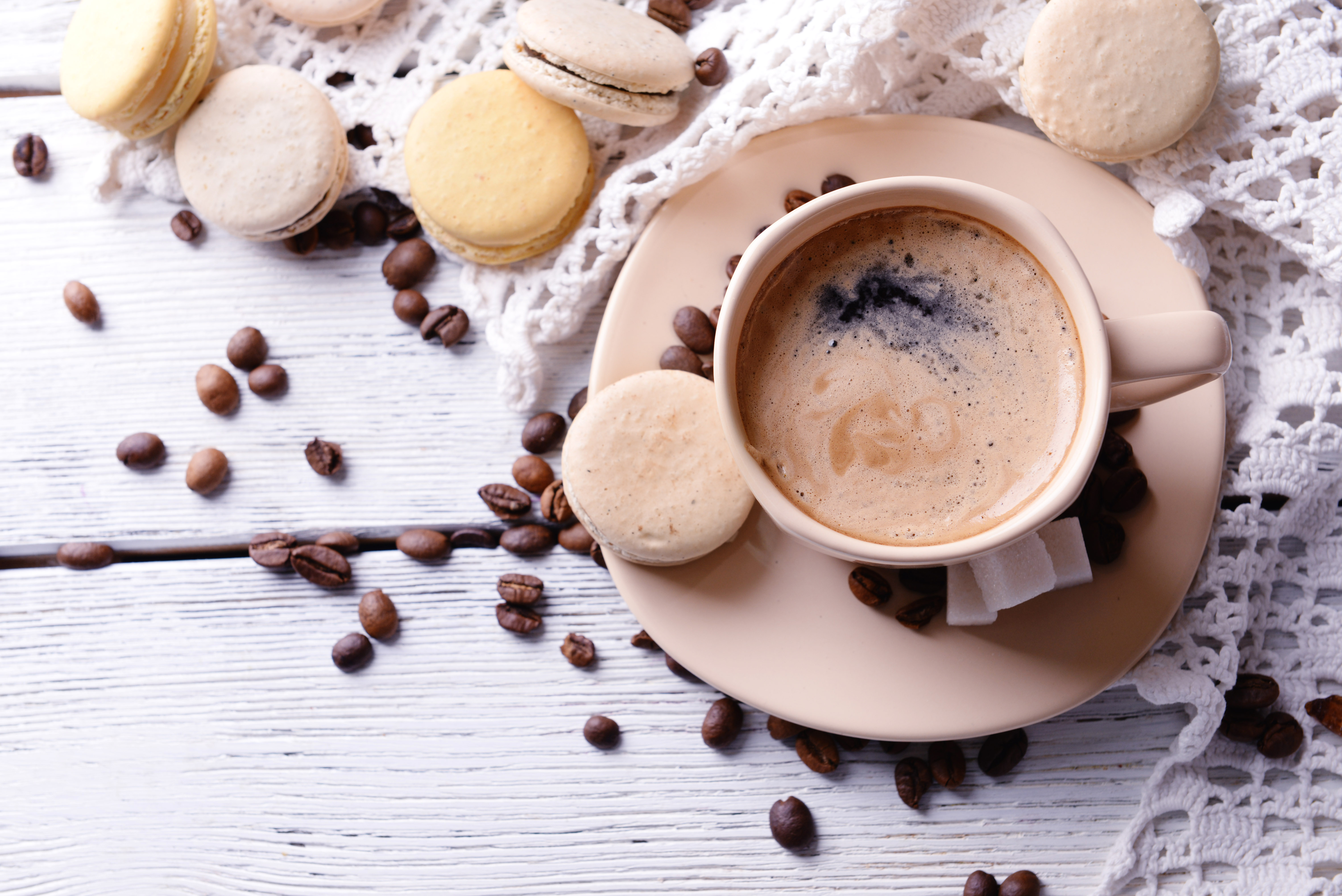 Download mobile wallpaper Food, Coffee, Cup, Coffee Beans, Macaron for free.