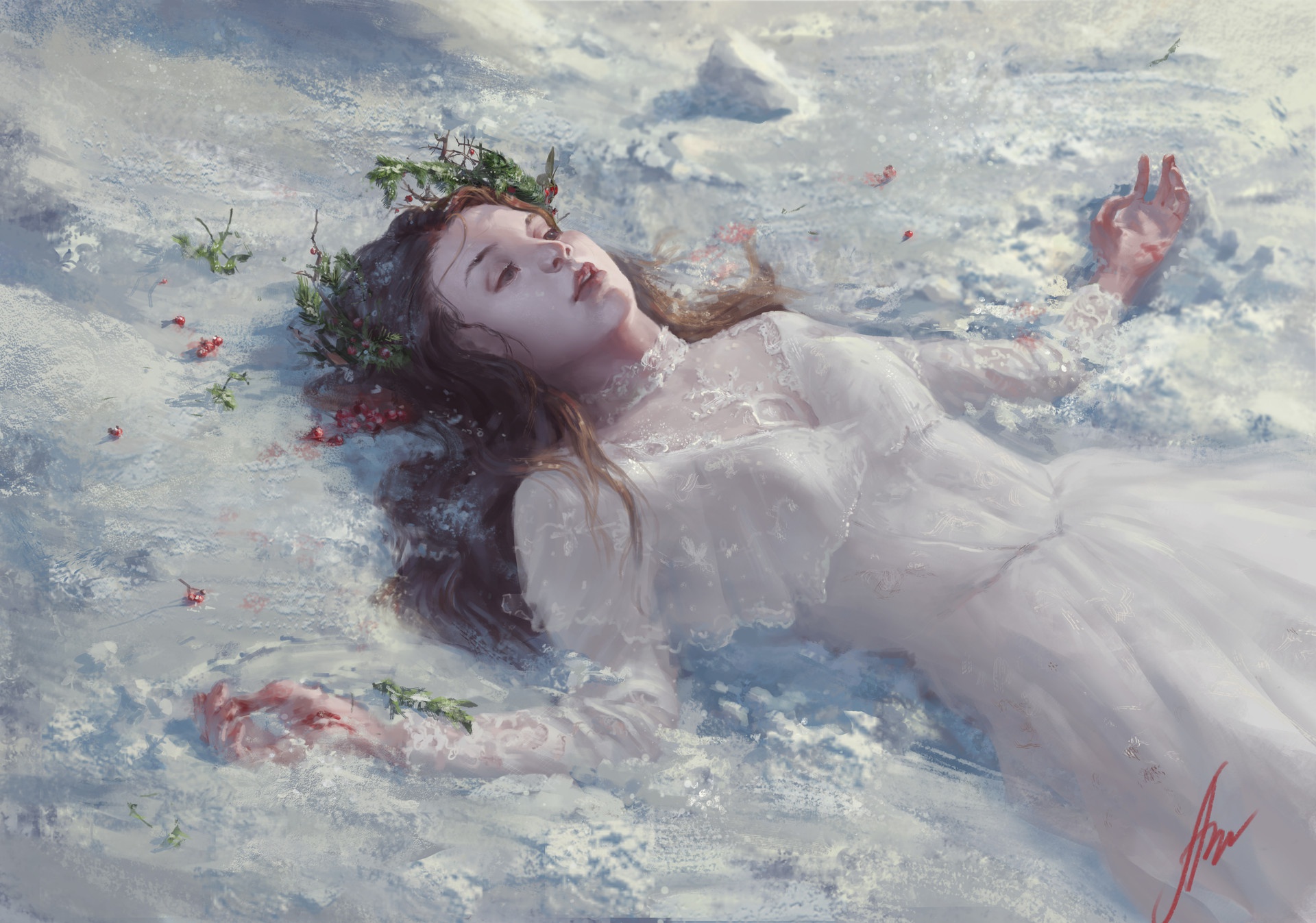 Download mobile wallpaper Fantasy, Redhead, Women, Lying Down, White Dress for free.