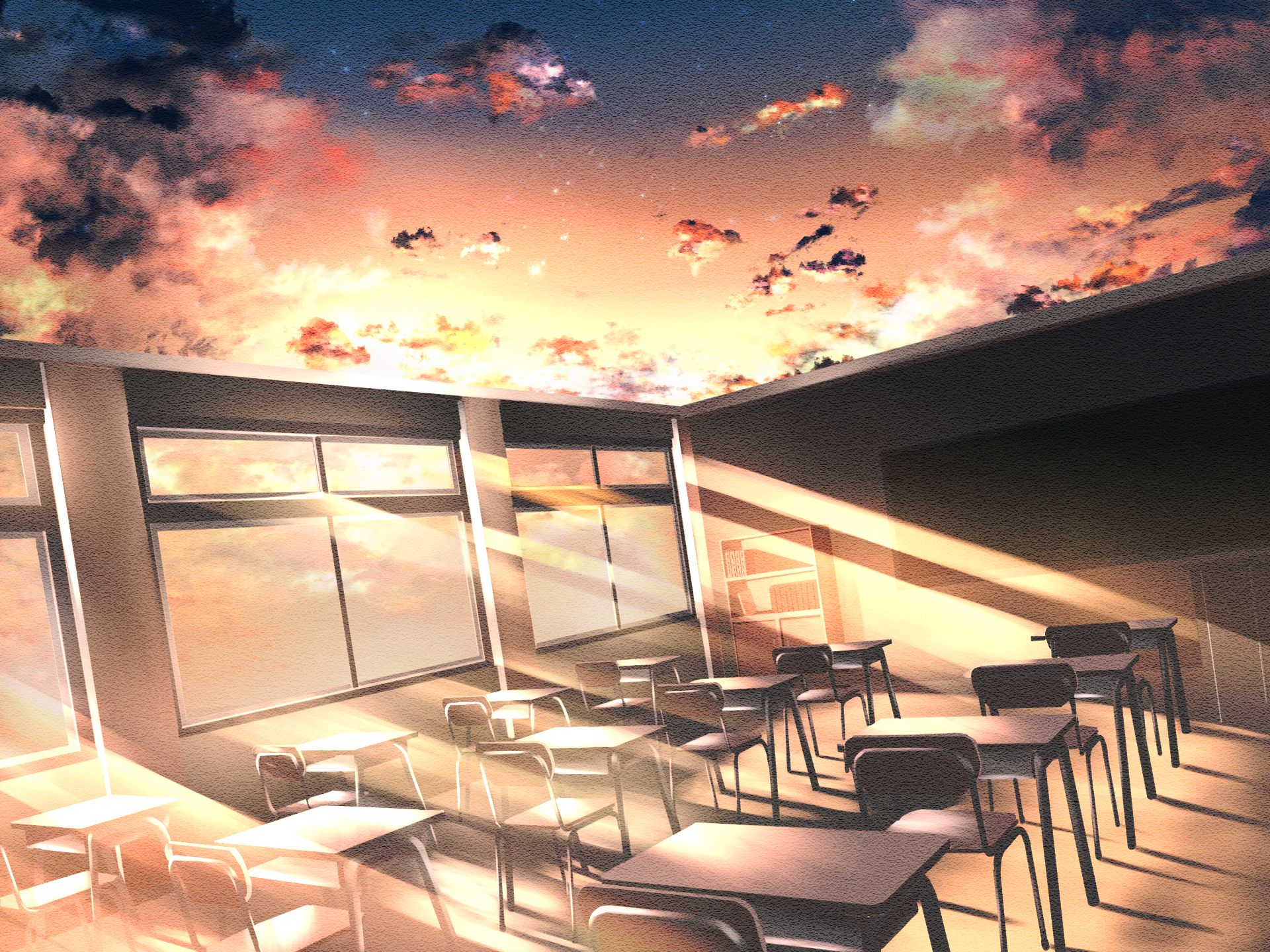 Laden Sie das Zimmer, Sonnenuntergang, Animes, Klassenzimmer-Bild kostenlos auf Ihren PC-Desktop herunter