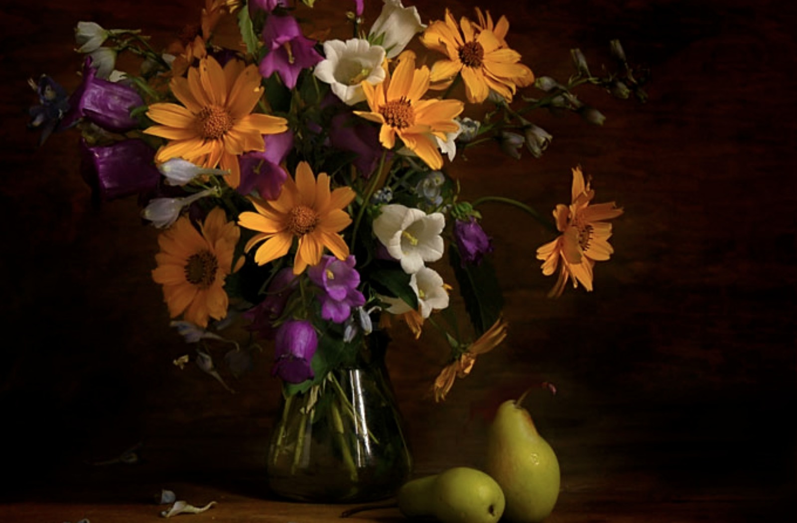 Download mobile wallpaper Still Life, Flower, Vase, Photography, Pear, White Flower, Purple Flower, Orange Flower for free.