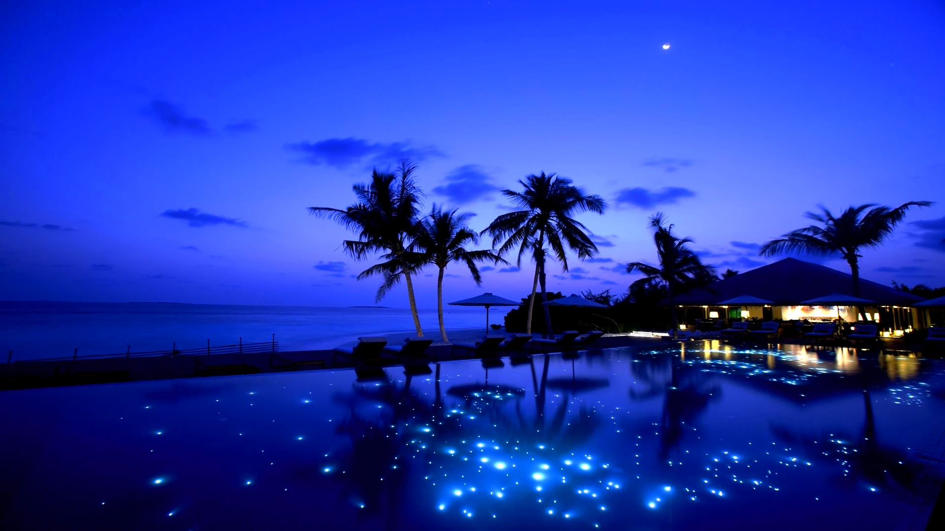 Download mobile wallpaper Night, Tropical, Resort, Man Made, Palm Tree for free.
