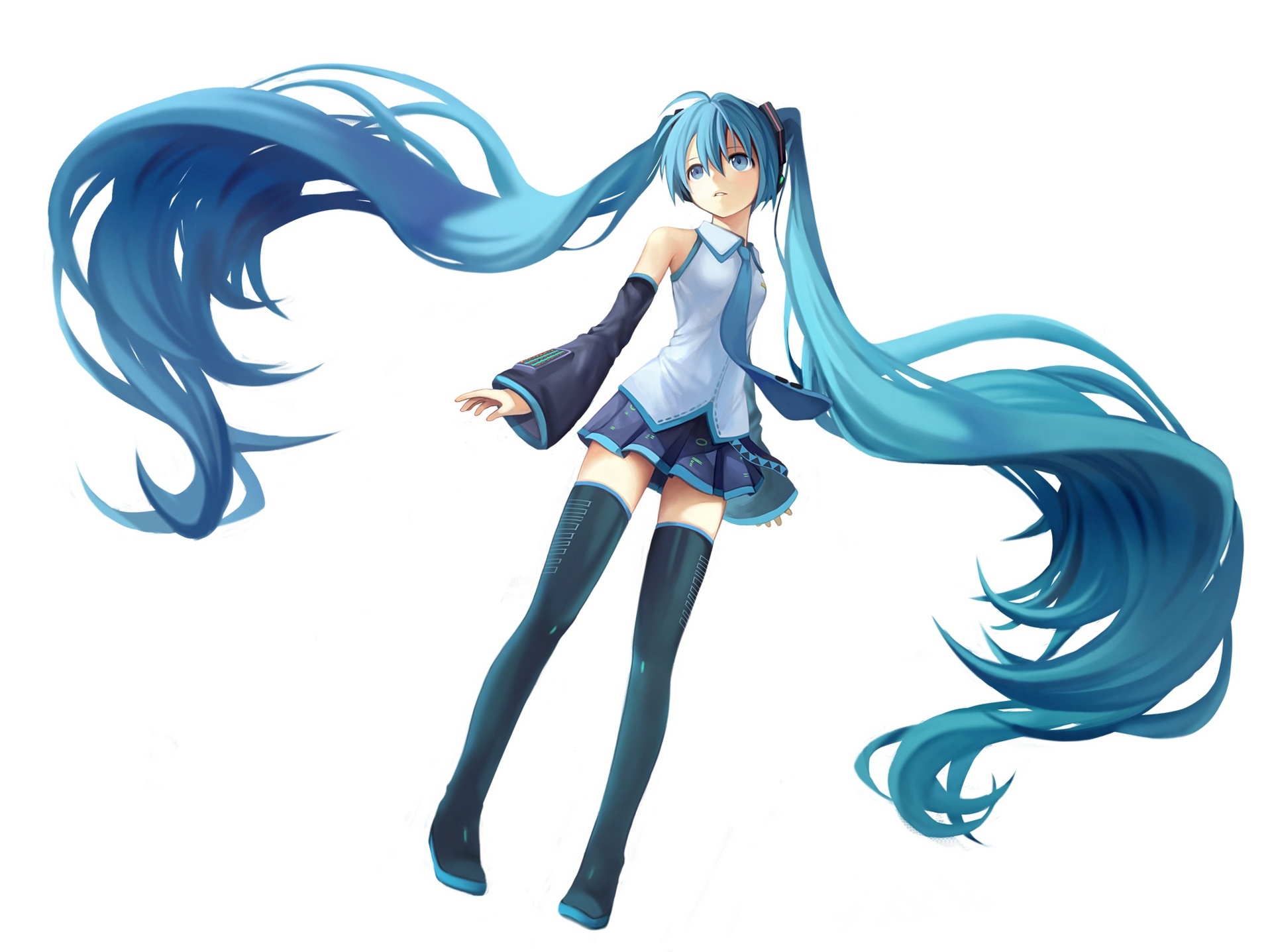 Laden Sie das Kopfhörer, Rock, Vocaloid, Blaue Augen, Blaue Haare, Hatsune Miku, Animes, Lange Haare, Oberschenkel Höhen, Twintails-Bild kostenlos auf Ihren PC-Desktop herunter