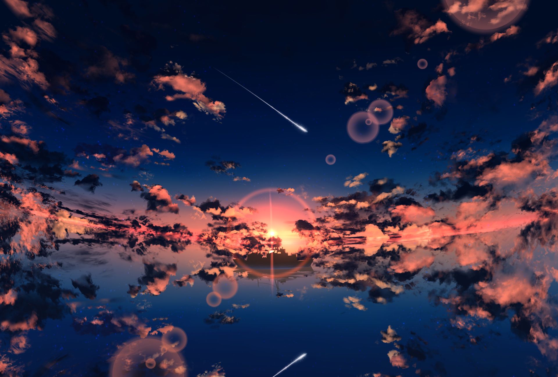 Download mobile wallpaper Anime, Sunset, Reflection, Cloud, Shooting Star for free.