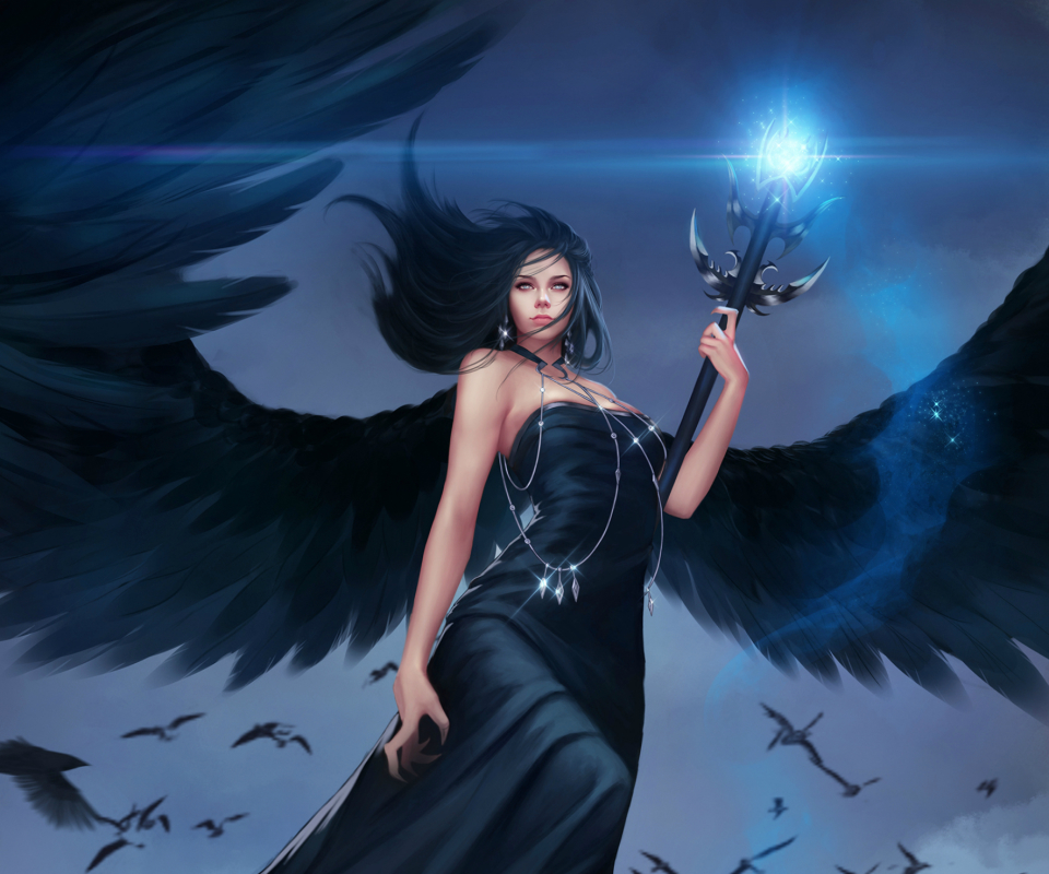 無料モバイル壁紙ファンタジー, 天使, 翼, 魔法, 黒髪, 黒い衣装をダウンロードします。
