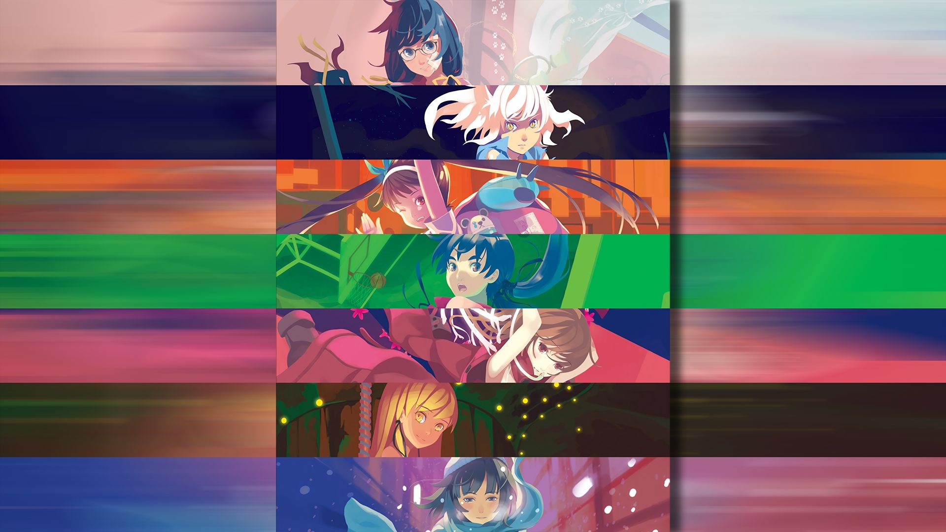 Download mobile wallpaper Anime, Monogatari (Series), Hitagi Senjōgahara, Nadeko Sengoku, Mayoi Hachikuji, Shinobu Oshino, Suruga Kanbaru, Tsubasa Hanekawa, Black Hanekawa, Nadeko Medusa for free.