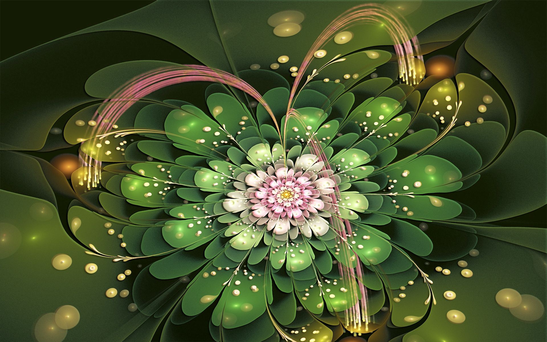 fractal, green, abstract, pink, flower, petals