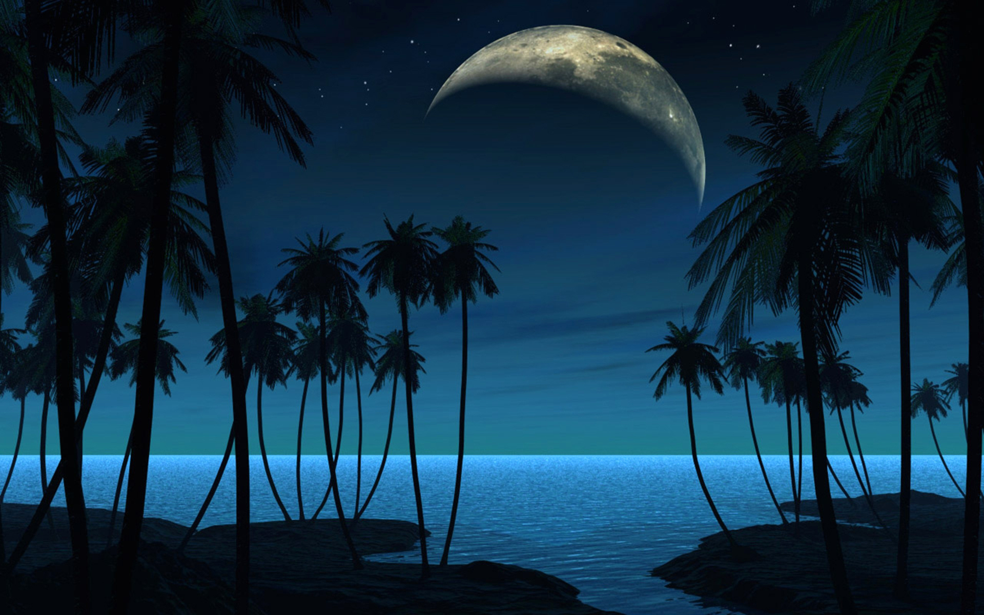 Laden Sie das Silhouette, Ozean, Palme, Planet, Künstlerisch-Bild kostenlos auf Ihren PC-Desktop herunter