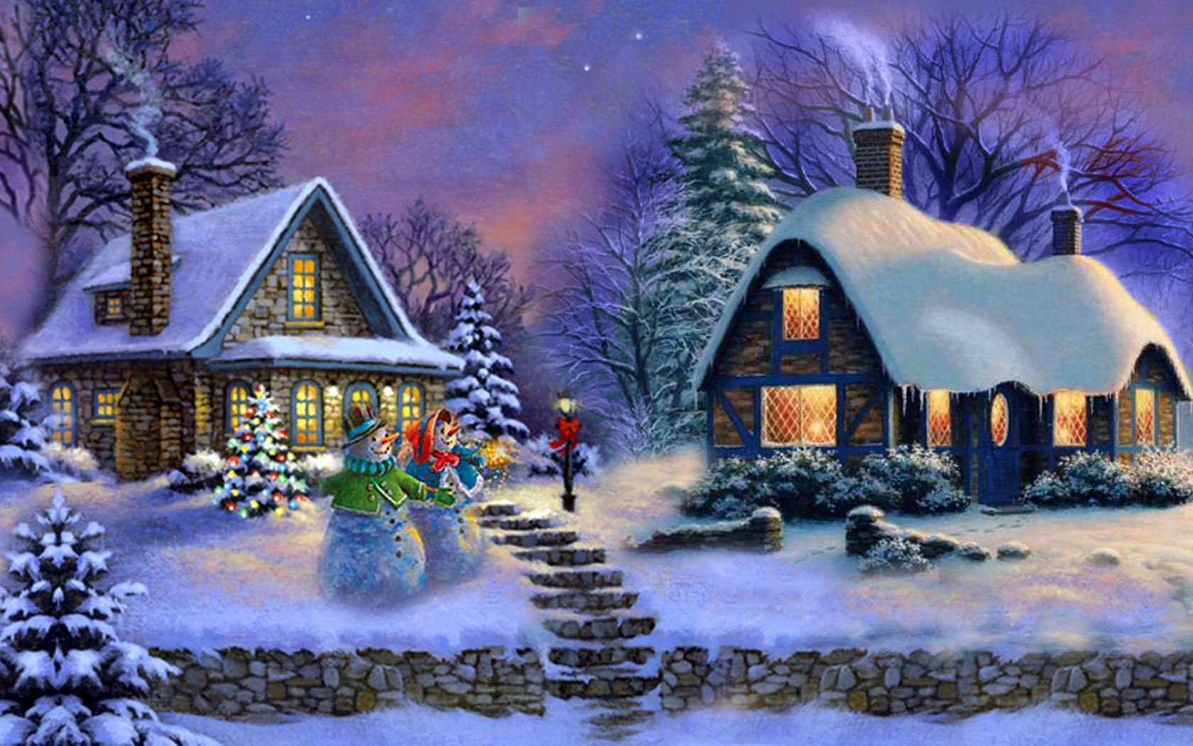 PCデスクトップに家, 木, クリスマス, 雪だるま, ペインティング, 芸術的画像を無料でダウンロード