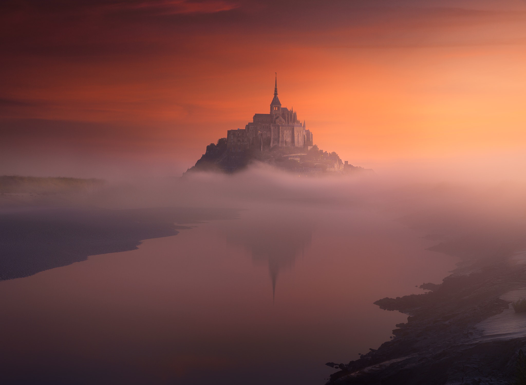 Скачать обои бесплатно Туман, Франция, Мон Сен Мишель, Религиозные картинка на рабочий стол ПК