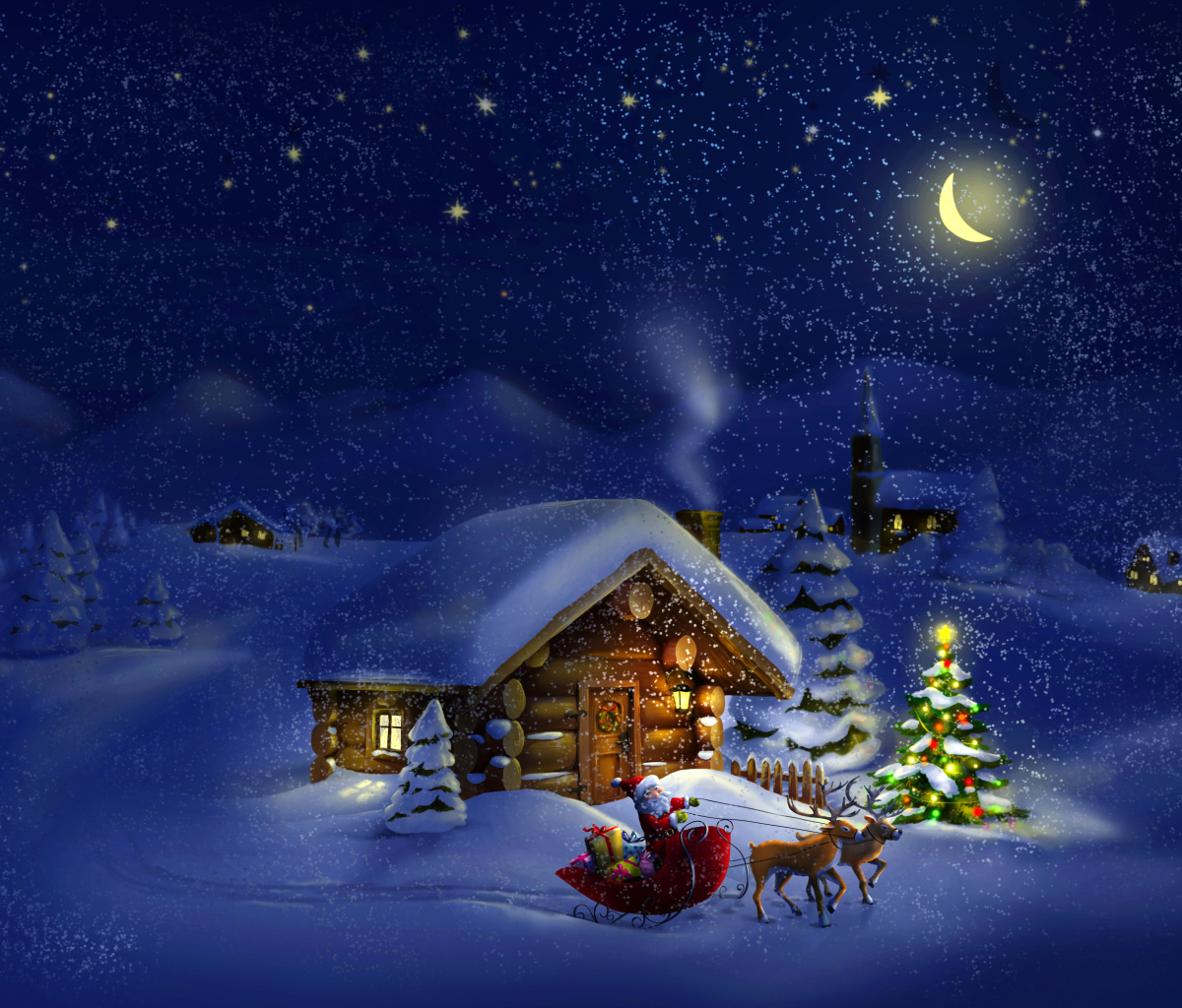Free download wallpaper Night, Snow, Christmas, Holiday, Christmas Tree, Sleigh, Santa, Snowfall, Cabin, Reindeer on your PC desktop