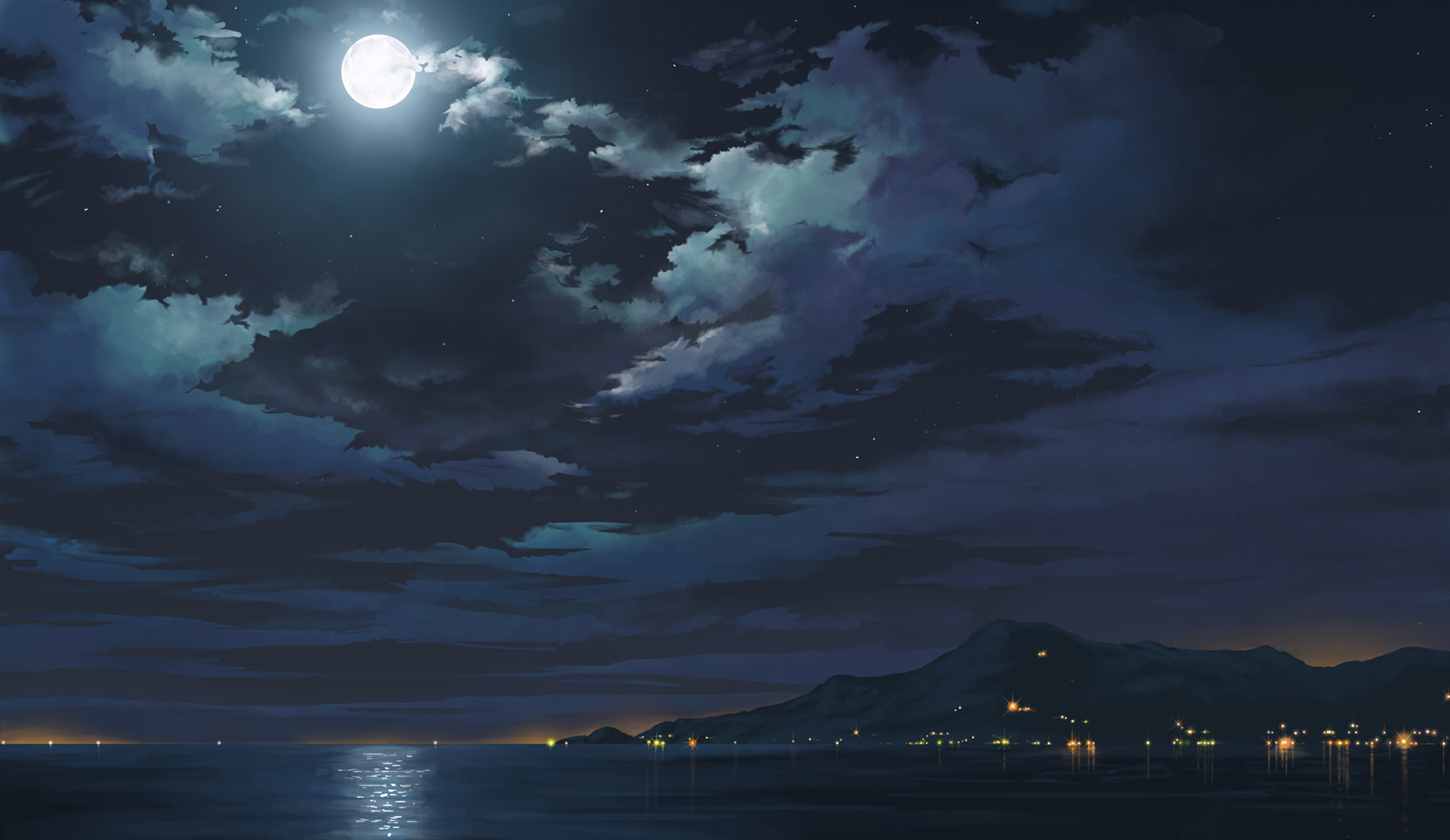 Download mobile wallpaper Anime, Landscape, Sky, Moon, Ocean, Cloud, Original for free.
