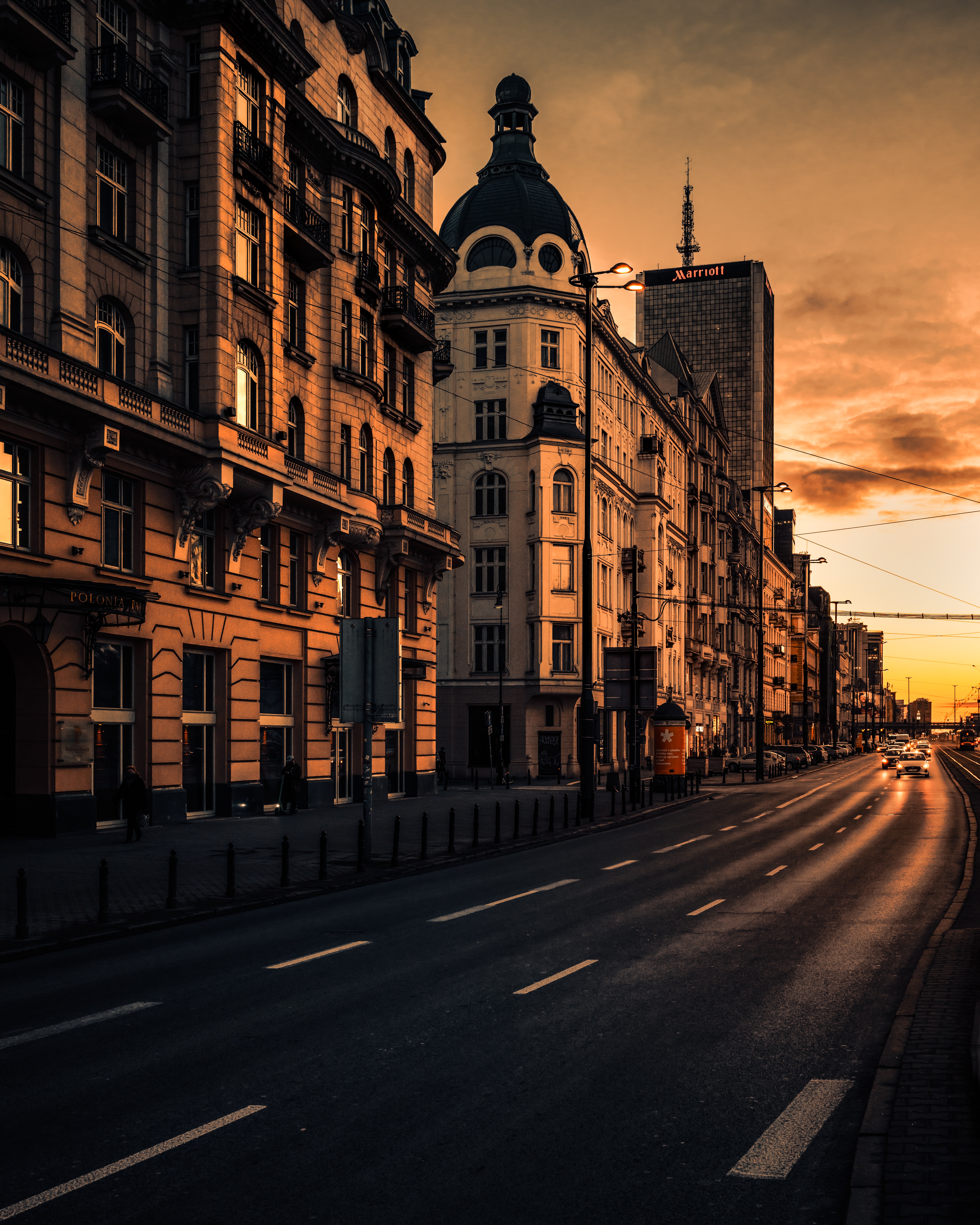 sunset, cities, architecture, cars, city, building, road Desktop Wallpaper