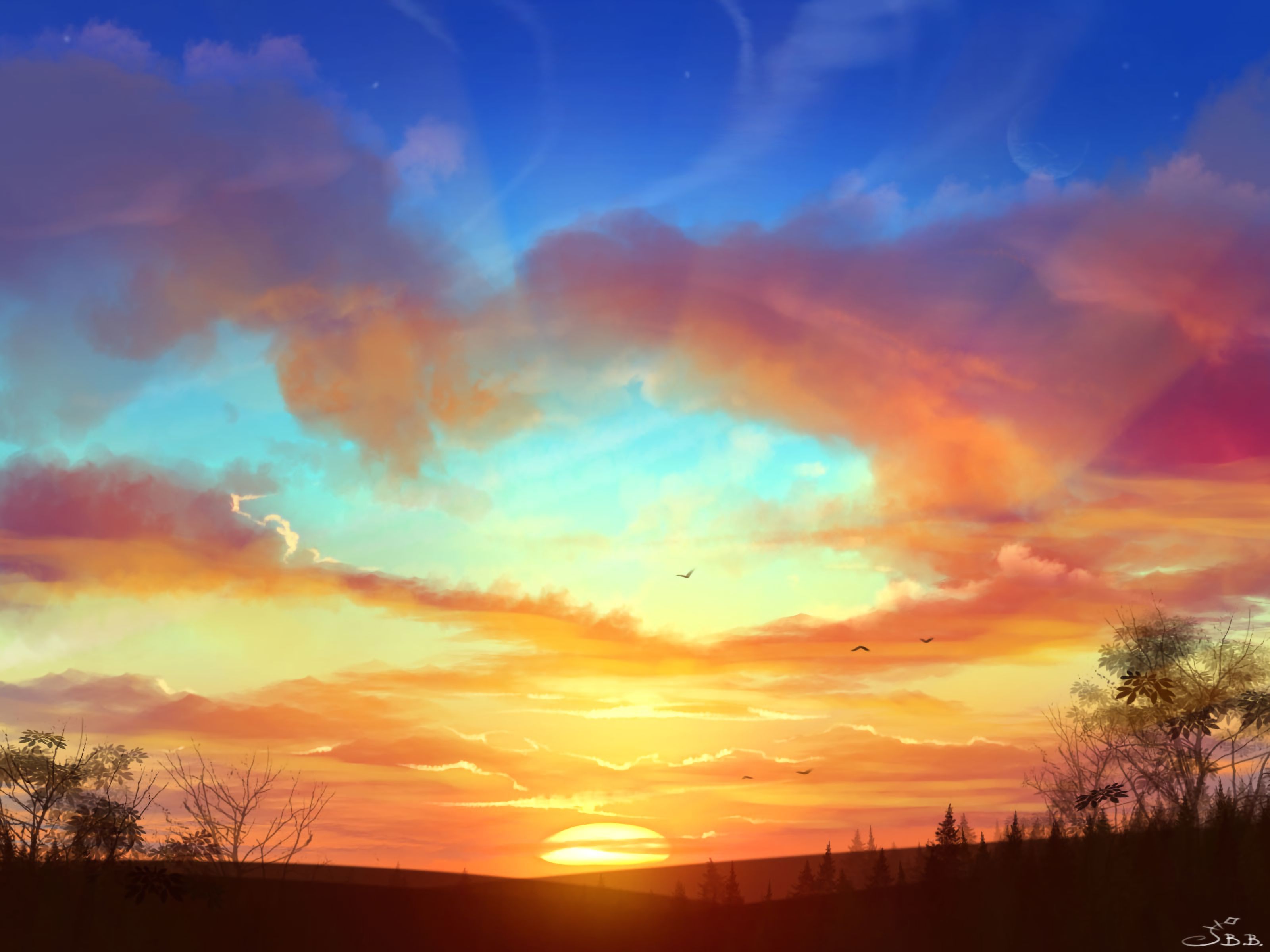 Free download wallpaper Trees, Horizon, Sunset, Sun, Art, Landscape on your PC desktop