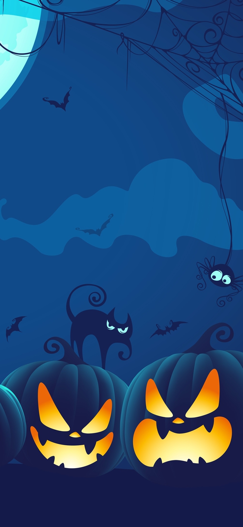 Download mobile wallpaper Halloween, Night, Cat, Holiday, Spider, Jack O' Lantern for free.