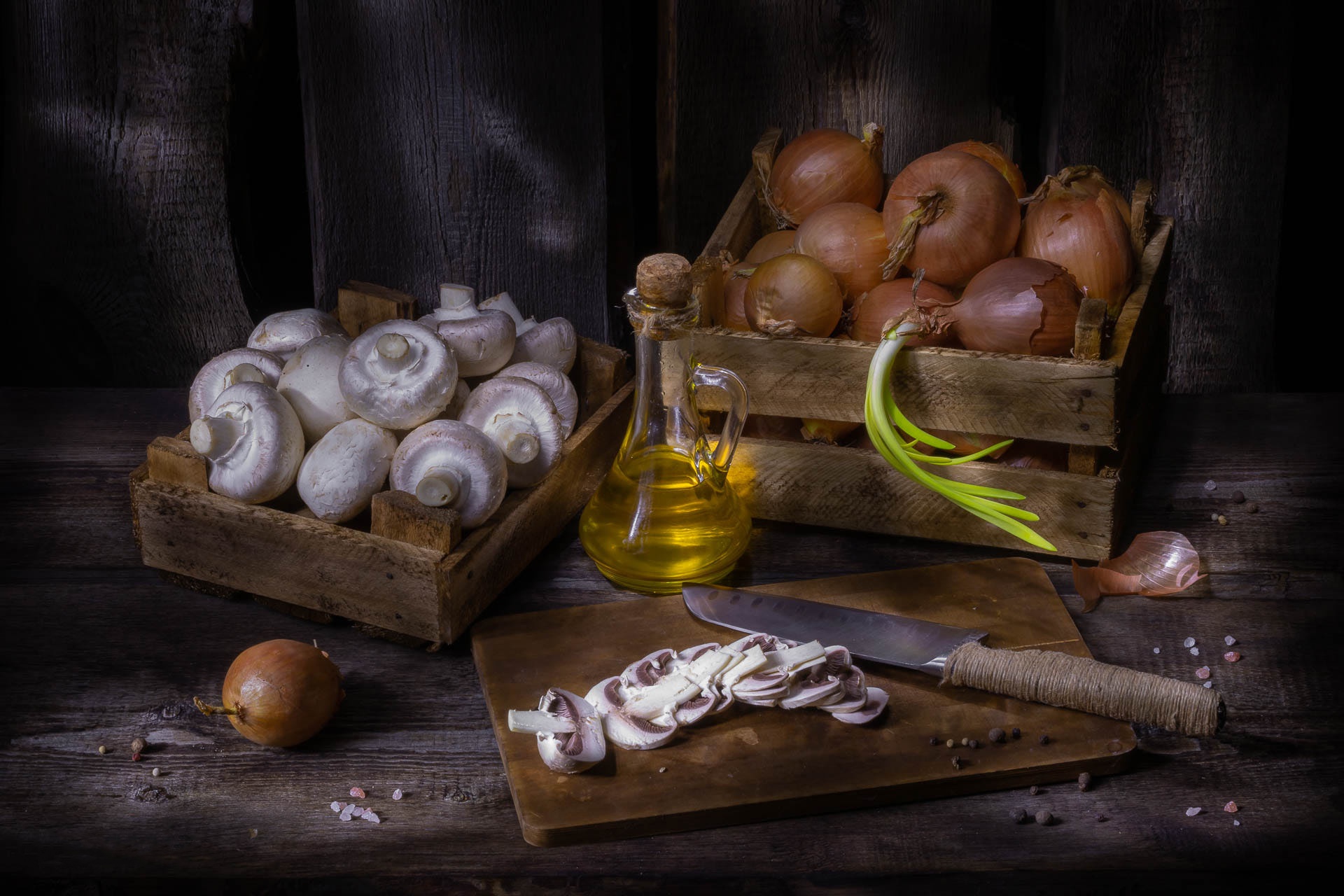 Download mobile wallpaper Food, Still Life, Mushroom, Oil, Onion for free.