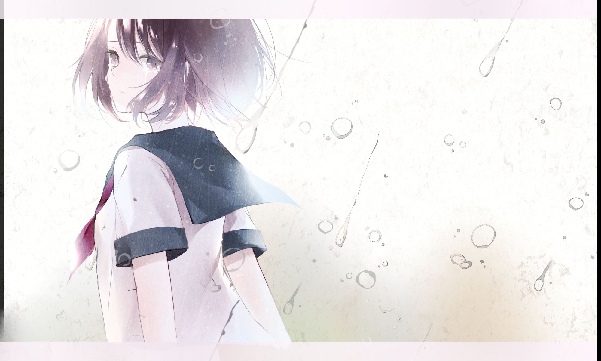 sad, anime, original, black eyes, black hair, rain, school uniform, short hair, tears, water drop