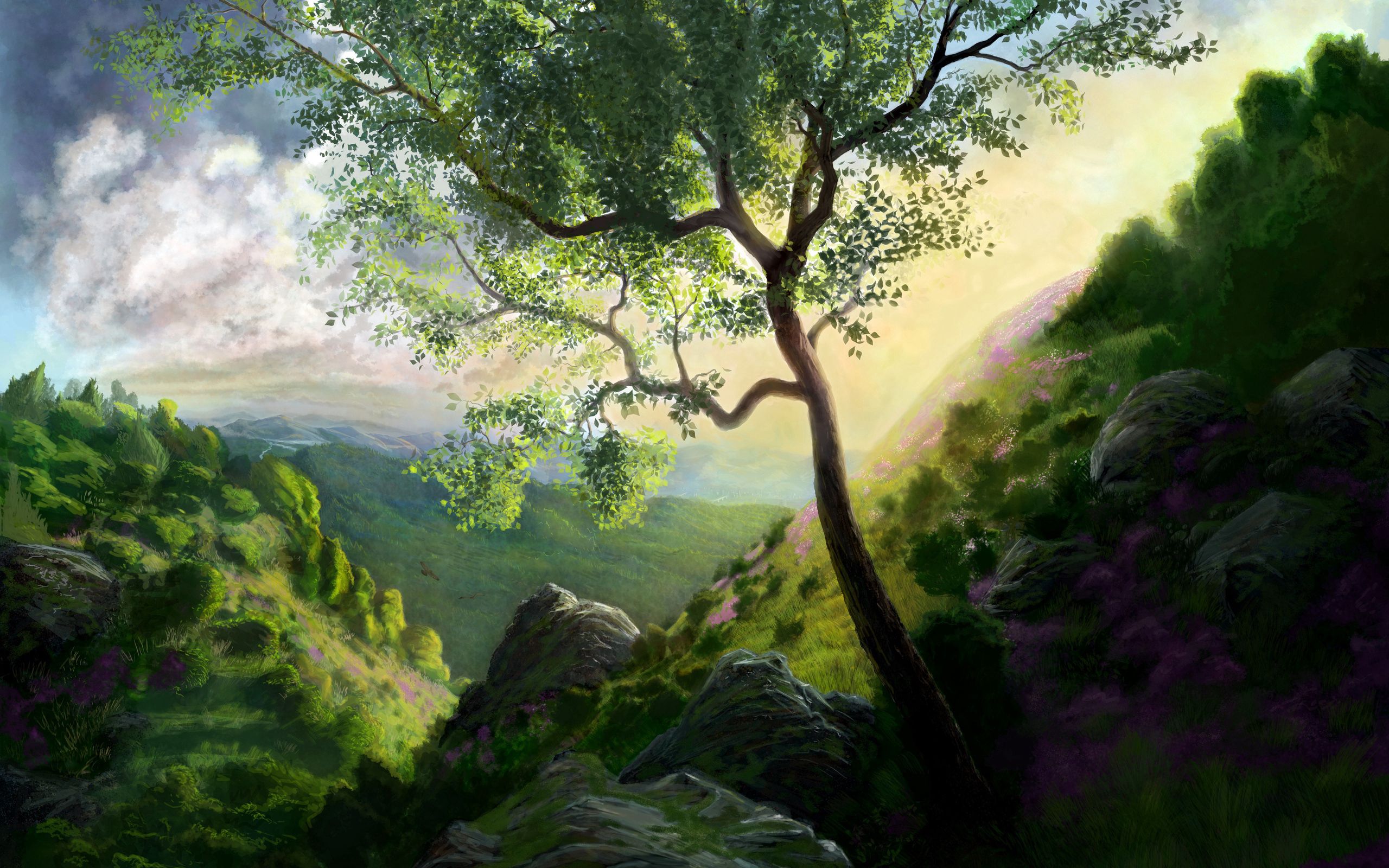 Скачать обои бесплатно Дерево, Природа, Зеленый, Горы, Искусство картинка на рабочий стол ПК