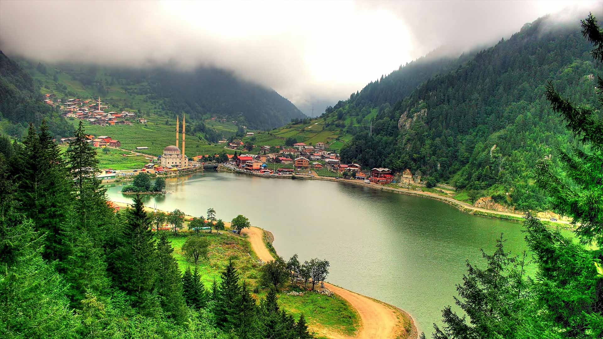 Free download wallpaper Landscape, Mountain, Lake, Forest, Town, Man Made on your PC desktop