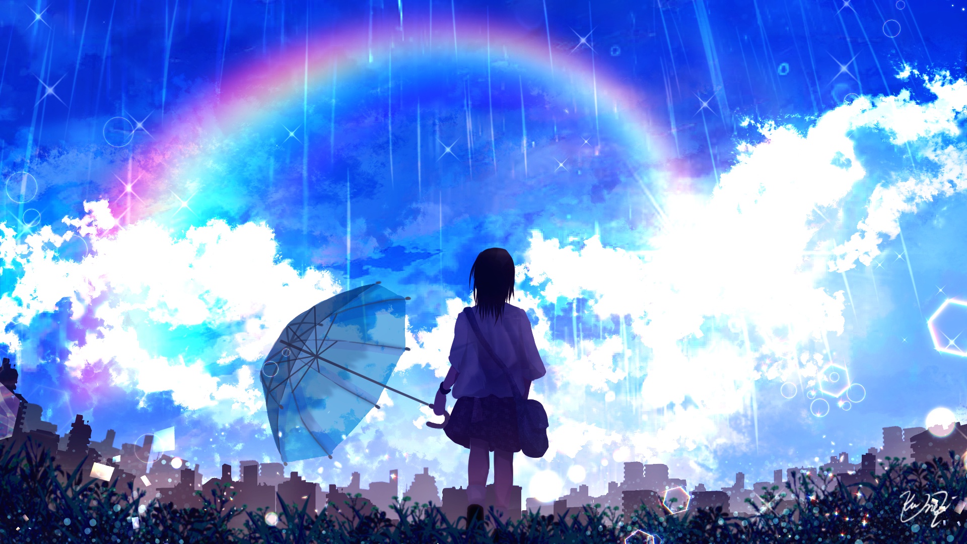 Download mobile wallpaper Anime, Sky, Rain, Rainbow, Girl, Schoolgirl for free.