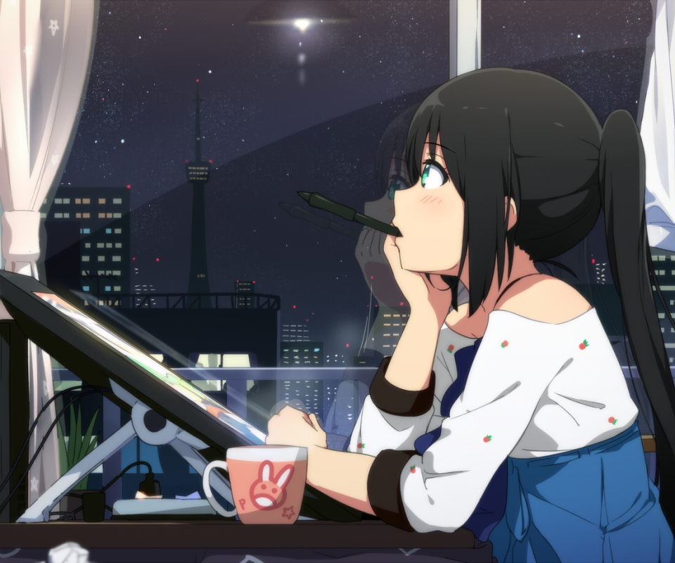 Download mobile wallpaper Anime, Coffee, Girl, Computer, Black Hair, Long Hair, Ponytail for free.