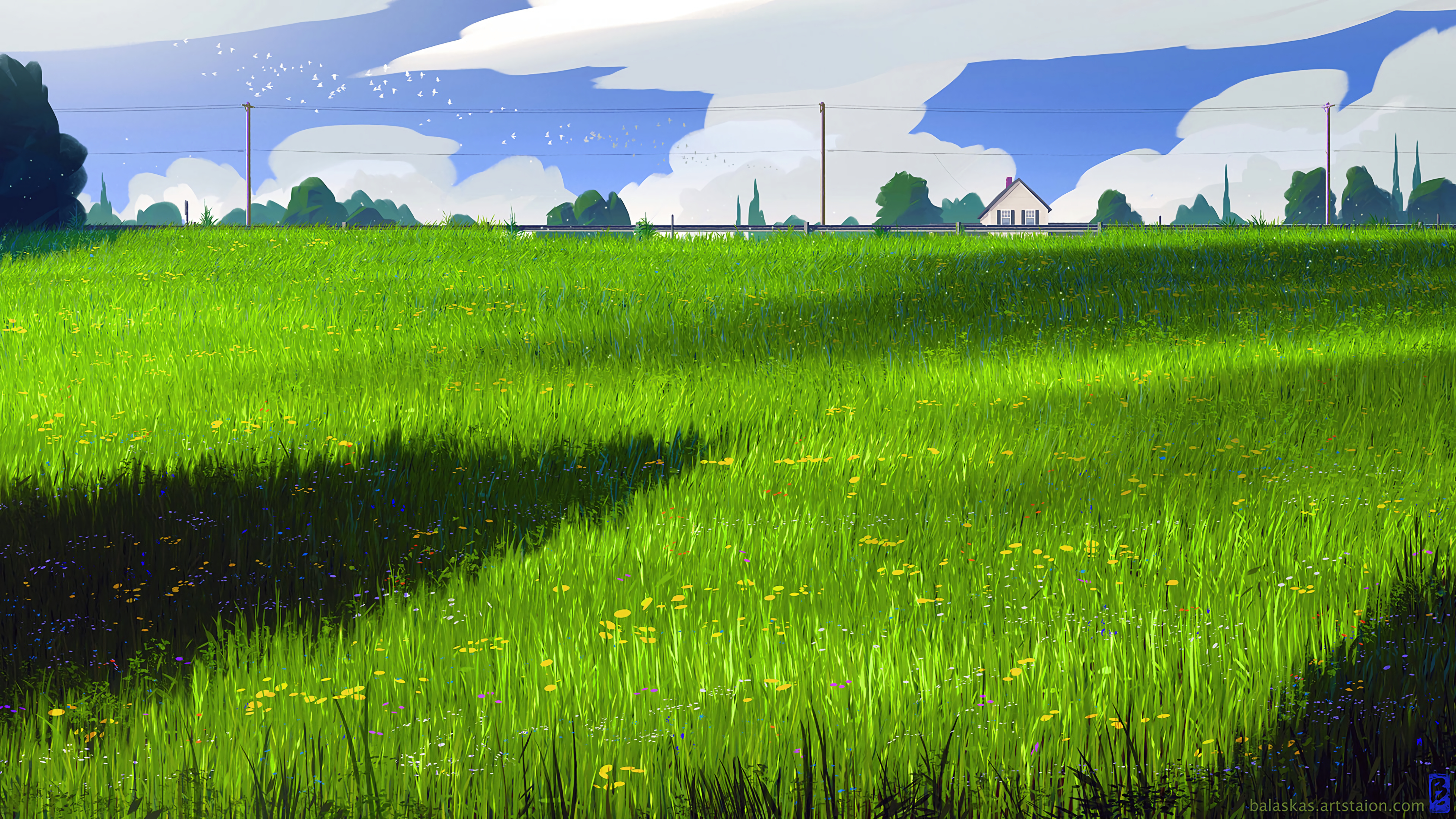 house, grass, art, field, meadow 4K for PC