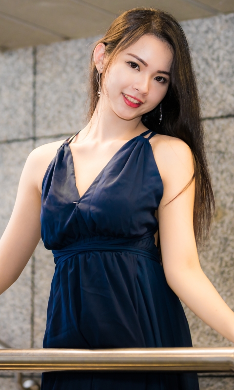 Download mobile wallpaper Smile, Brunette, Women, Asian, Long Hair, Blue Dress for free.