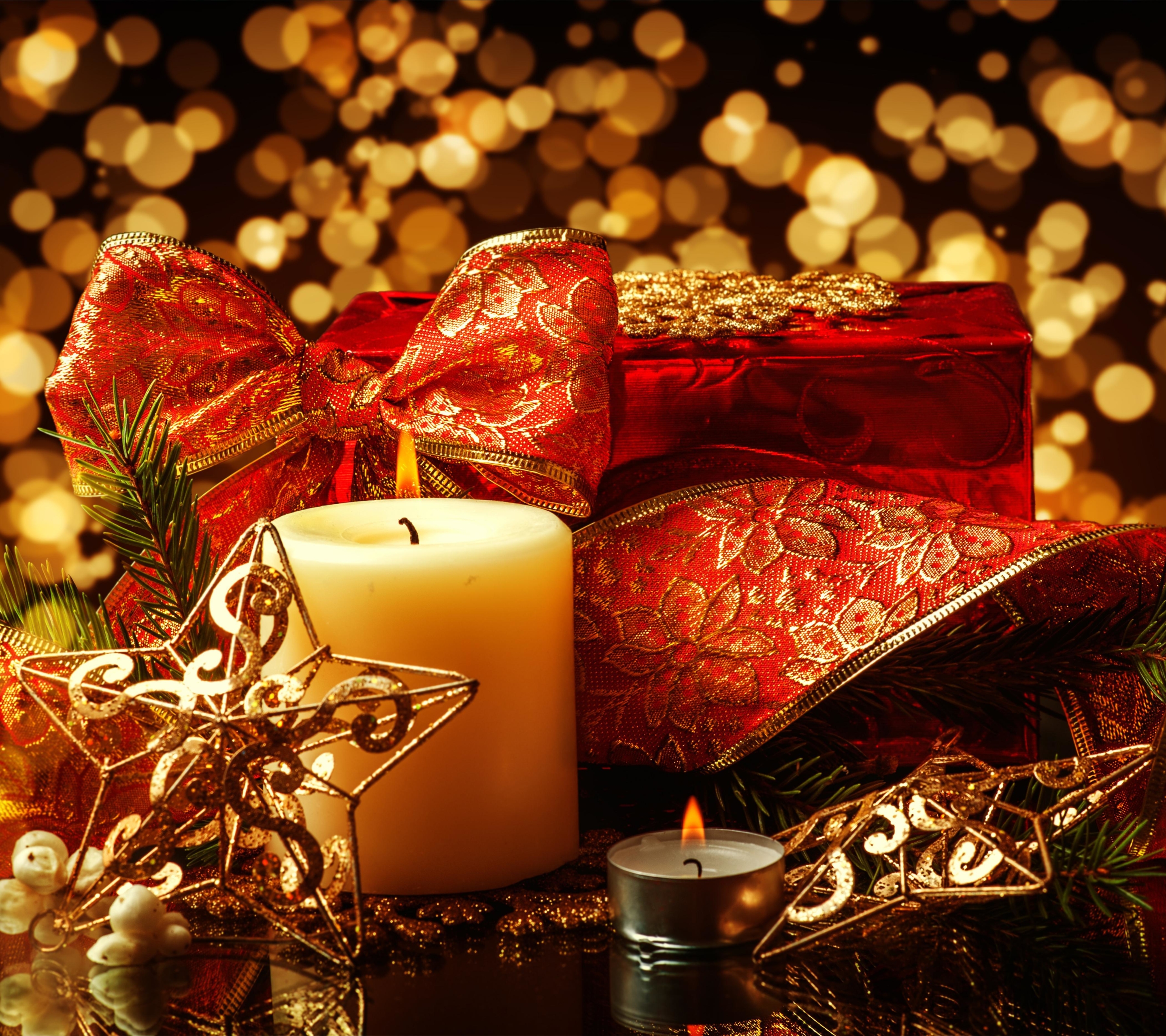 Download mobile wallpaper Christmas, Holiday, Gift, Bokeh, Candle, Ribbon, Christmas Ornaments for free.